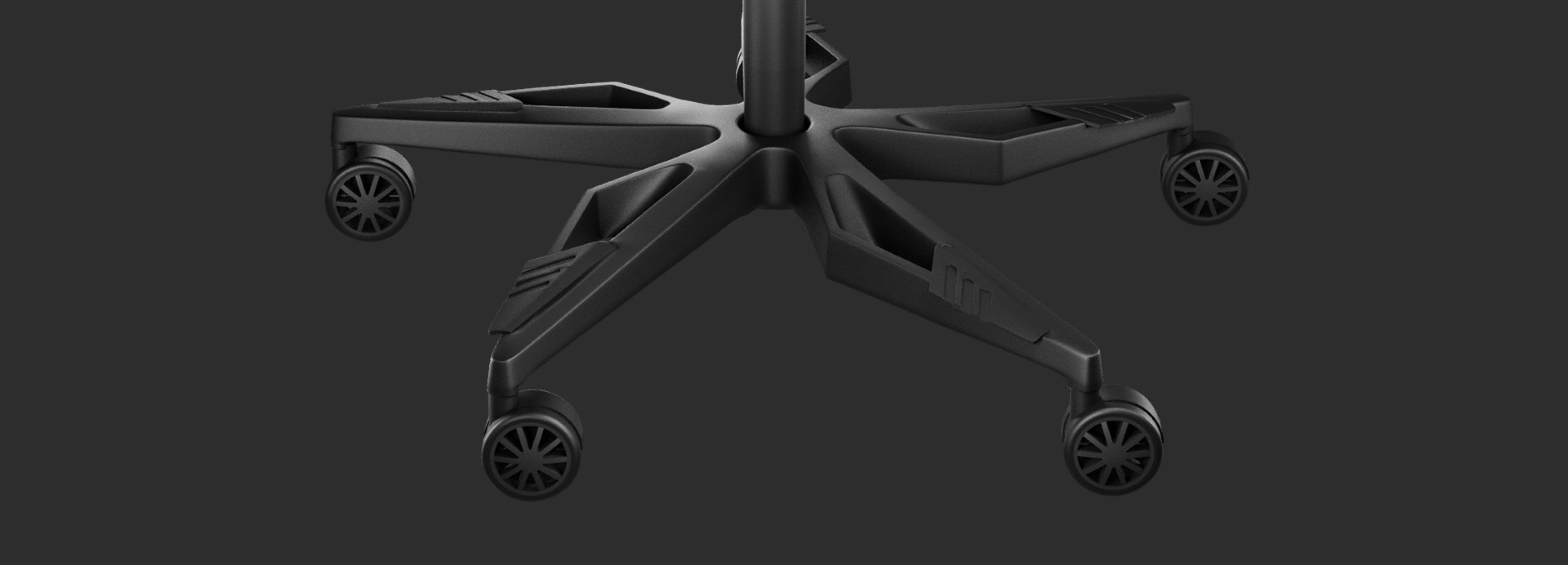 Black ergonomic chair base featuring a five-point design and smooth-rolling wheels for mobility