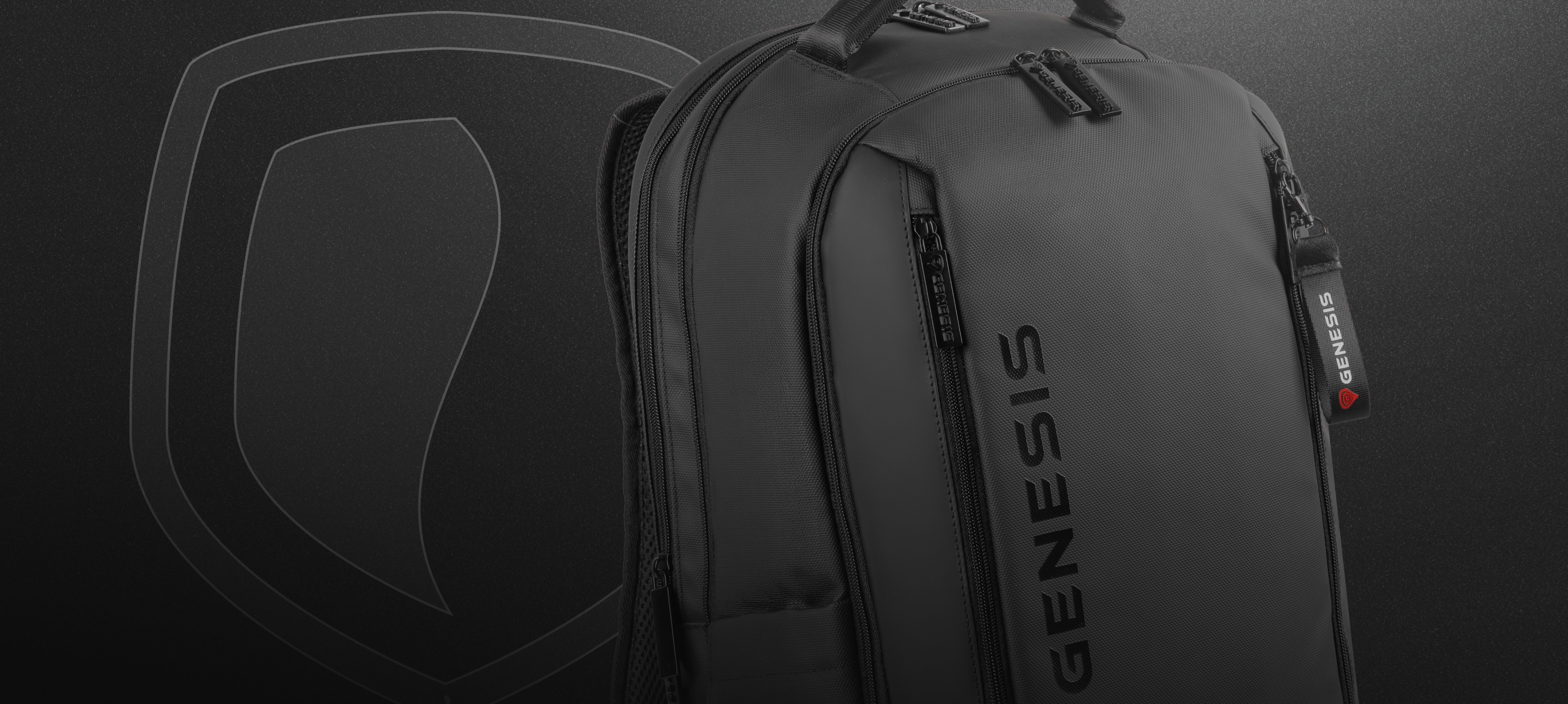 Black backpack with zippers and a logo tag displayed on a dark background.