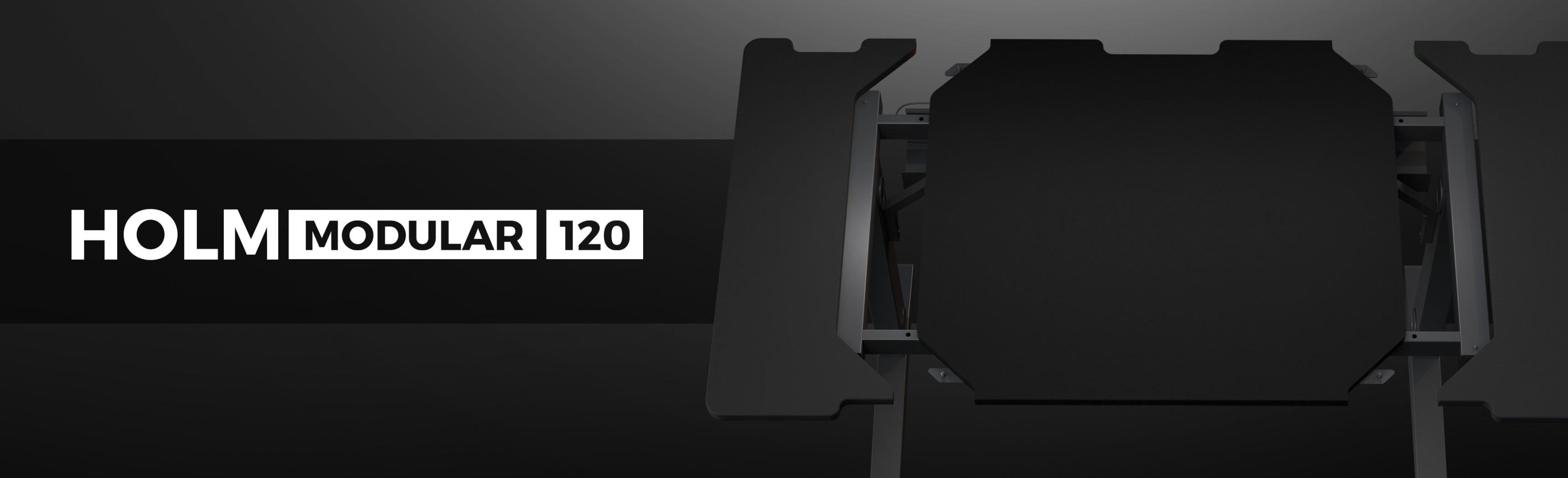 Modular gaming desk with a sleek black design, labeled "HOLM MODULAR 120," showcasing its modern and functional structure