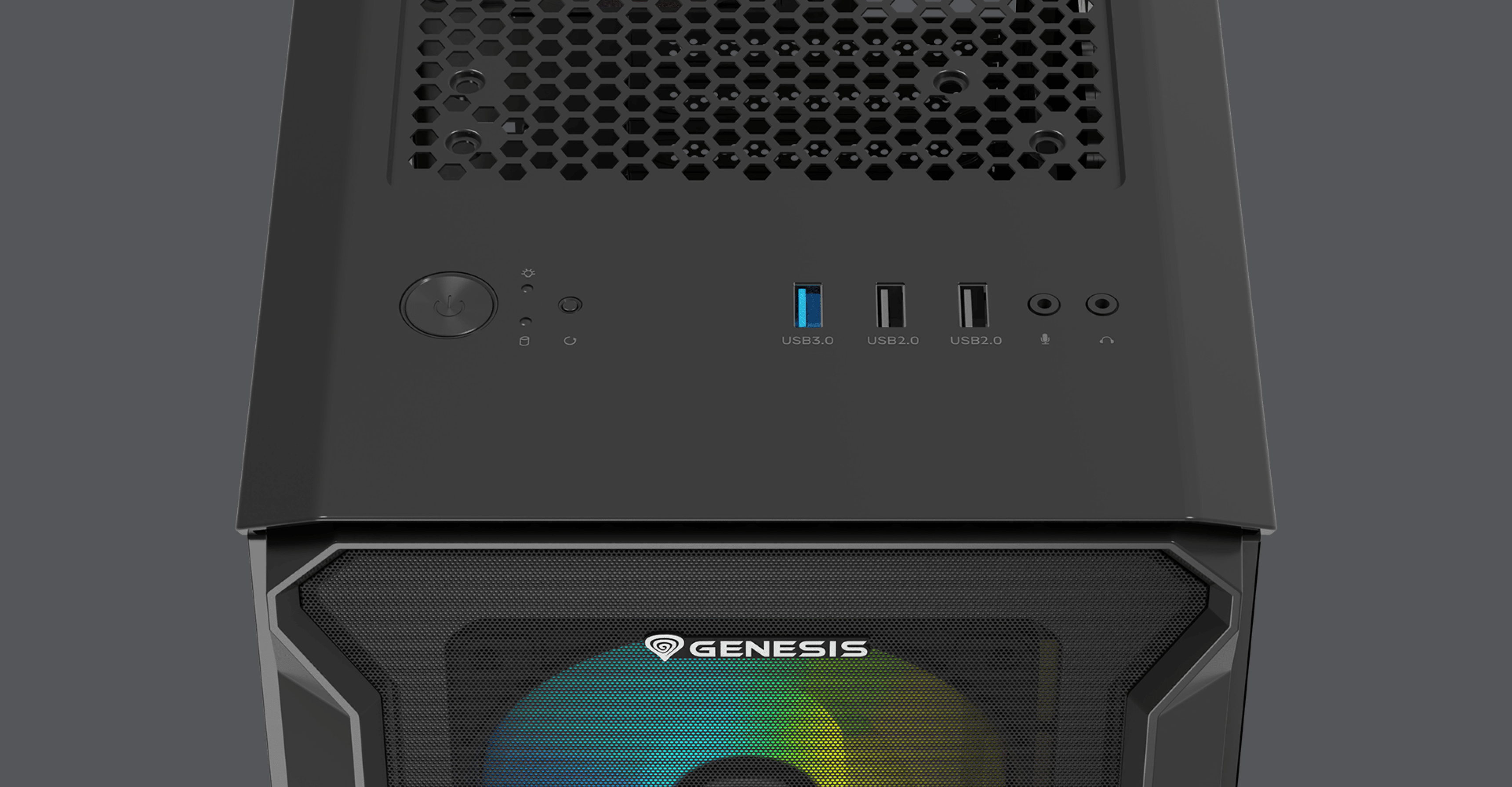 Black Genesis Irid 503 ARGB V2 MATX mini tower case featuring a clear window and multiple front I/O ports