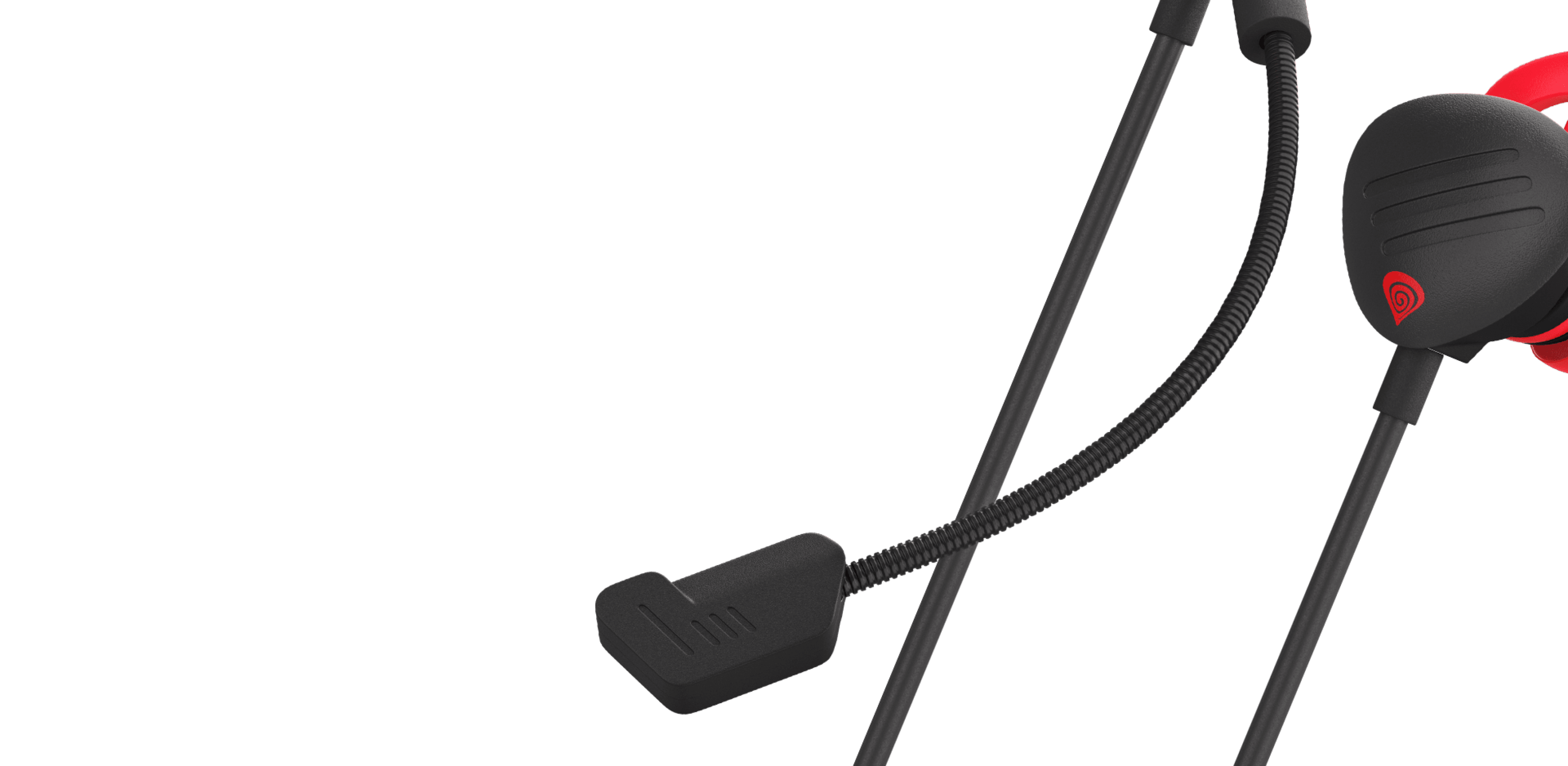 Headphones with a flexible microphone and a red accent on one earcup.