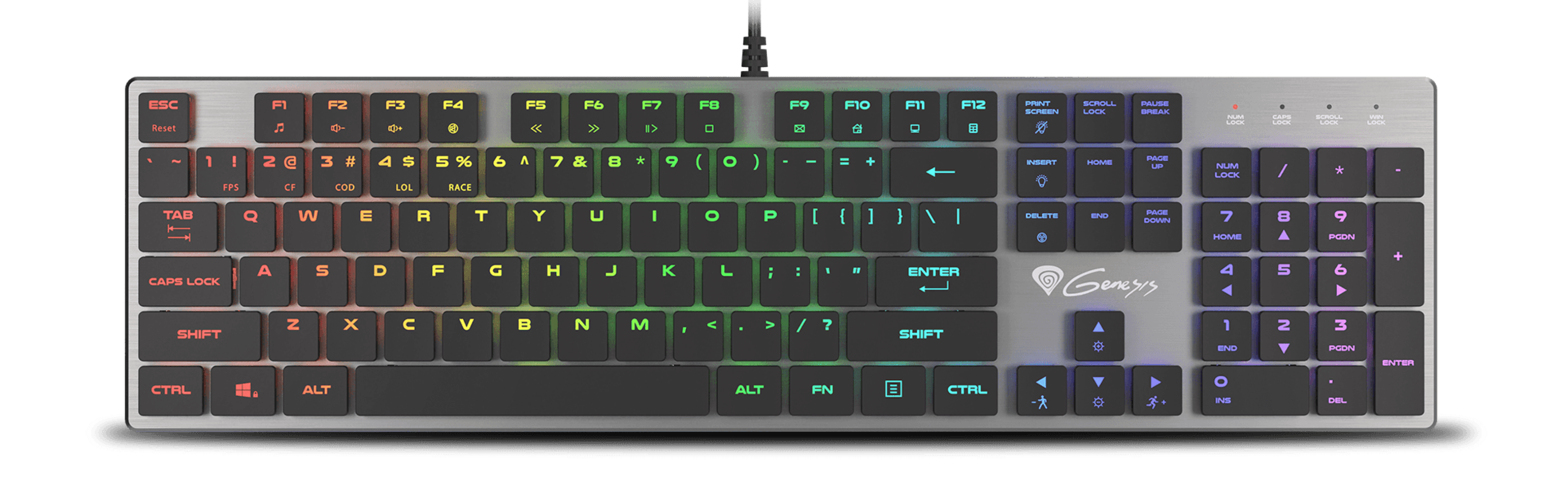 Mechanical gaming keyboard with RGB lighting, featuring blue switches and a slim design