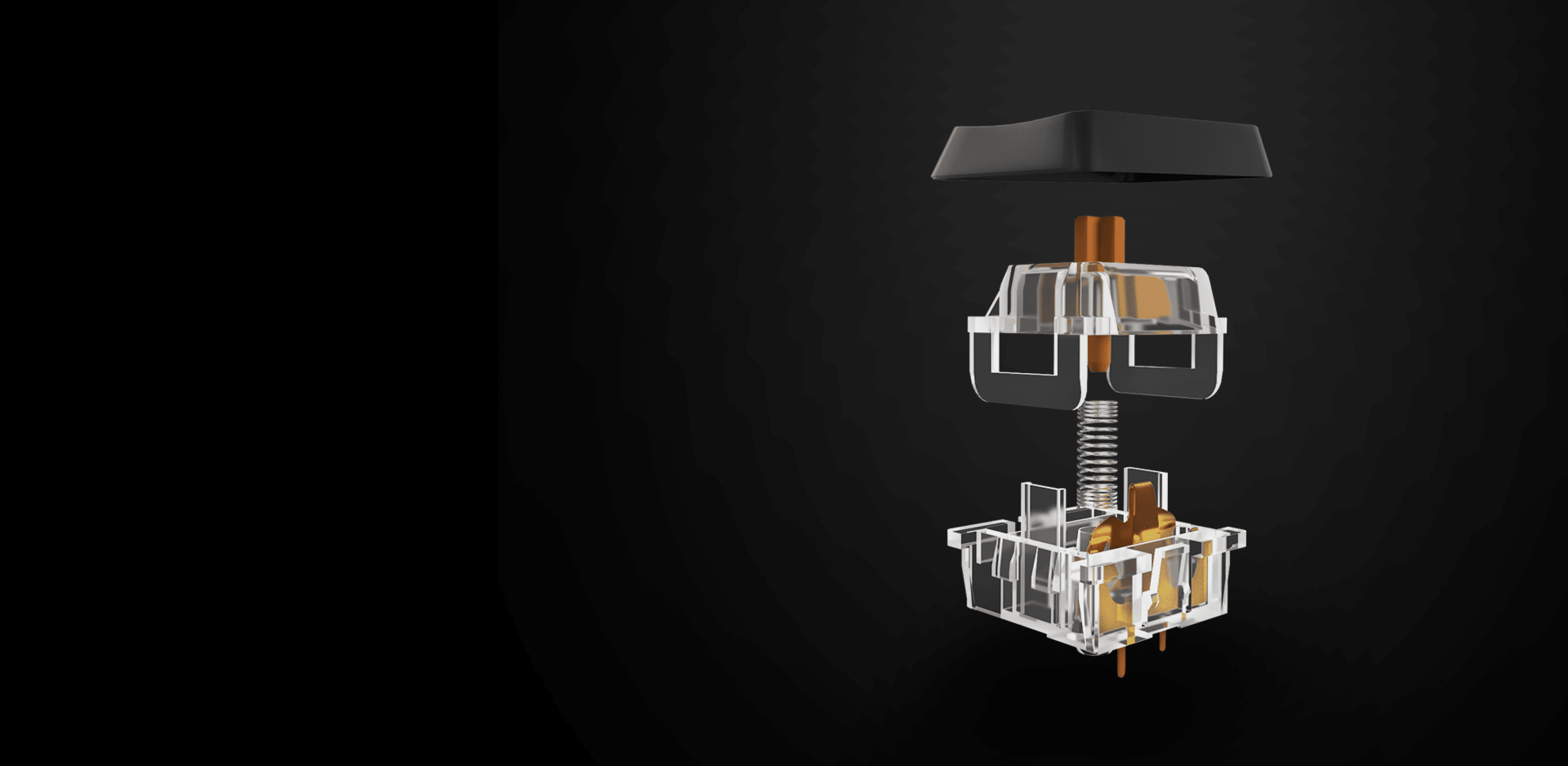 Exploded view of a mechanical switch component with transparent housing and spring mechanism.