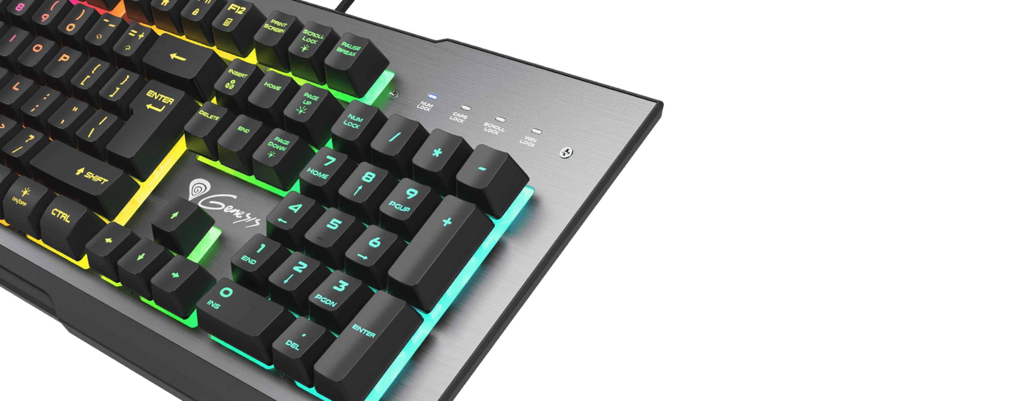 Keyboard with colorful backlighting and a sleek design featuring various key layouts.
