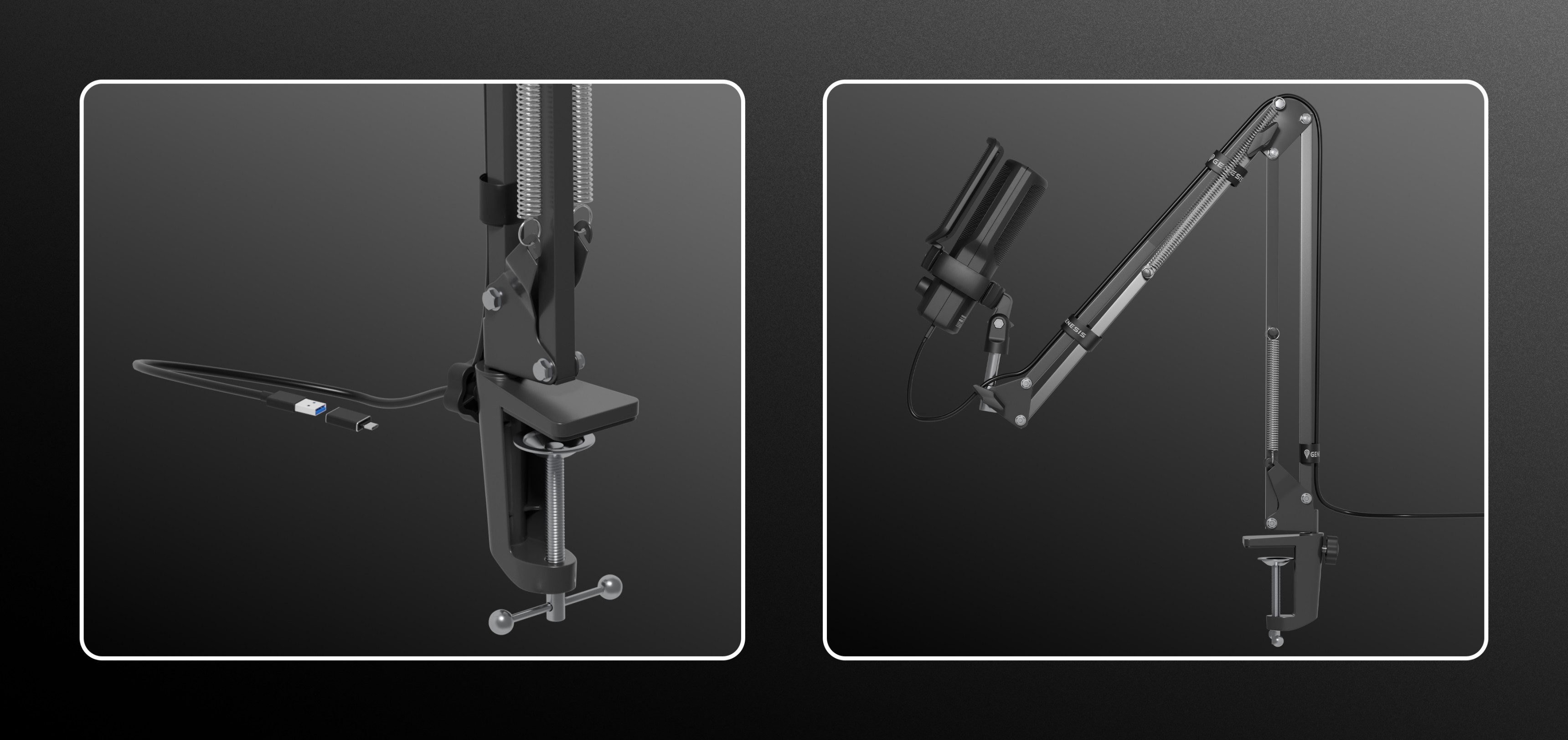 Black USB microphone arm with adjustable joints and a clamp for desk mounting, designed for stability and flexibility