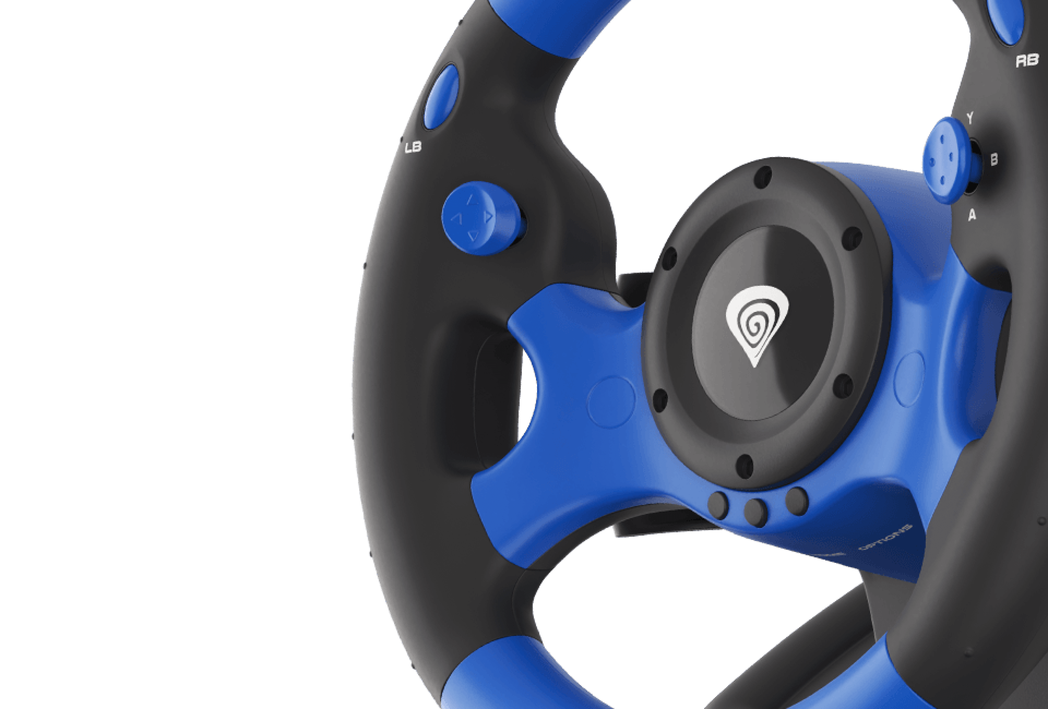 Racing wheel with a blue and black design, featuring buttons and grips for PC, PS3, PS4, Xbox One, Xbox 360, and Nintendo Switch