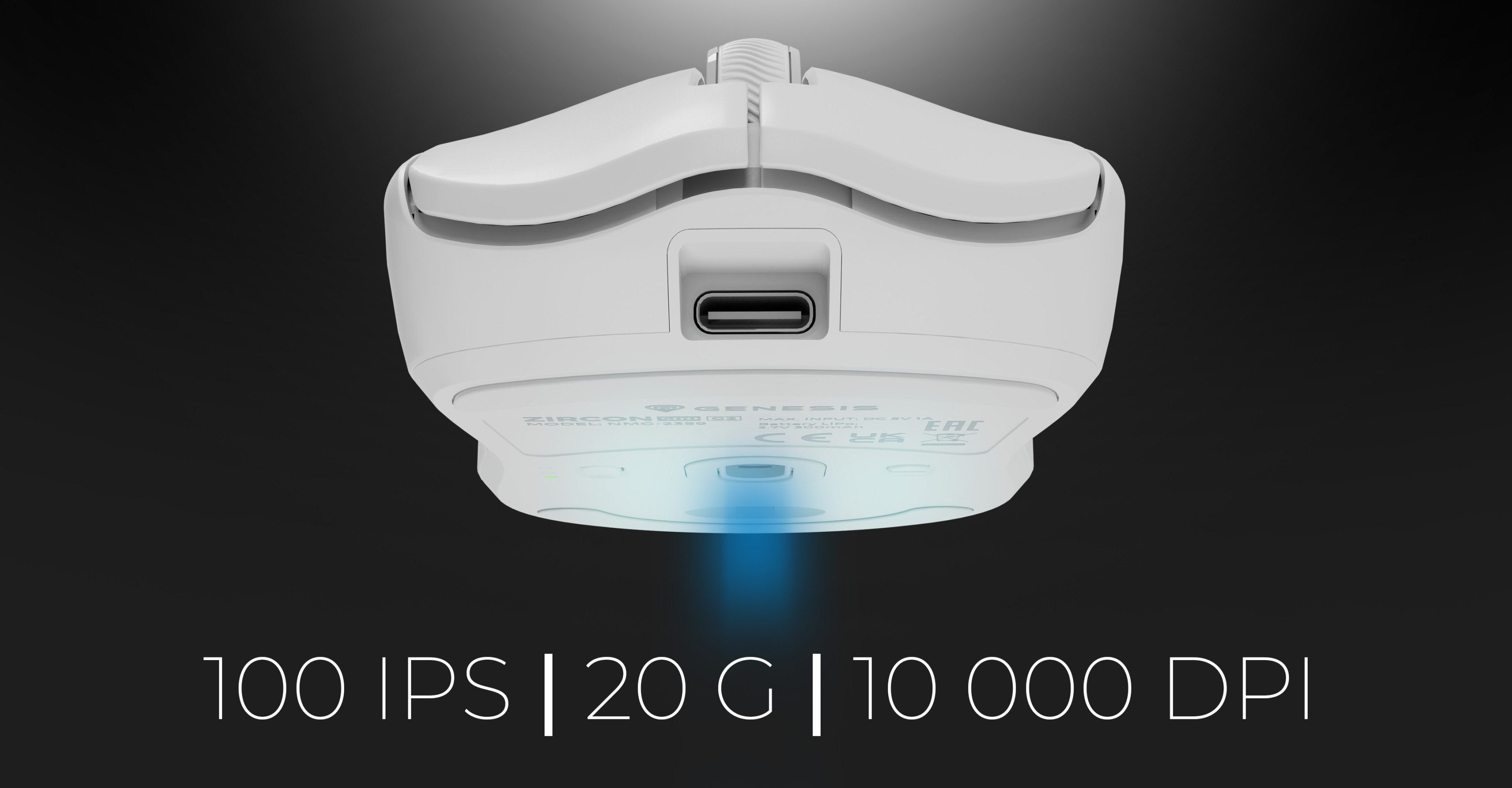 Mouse with a connection port and a glowing light on the underside.