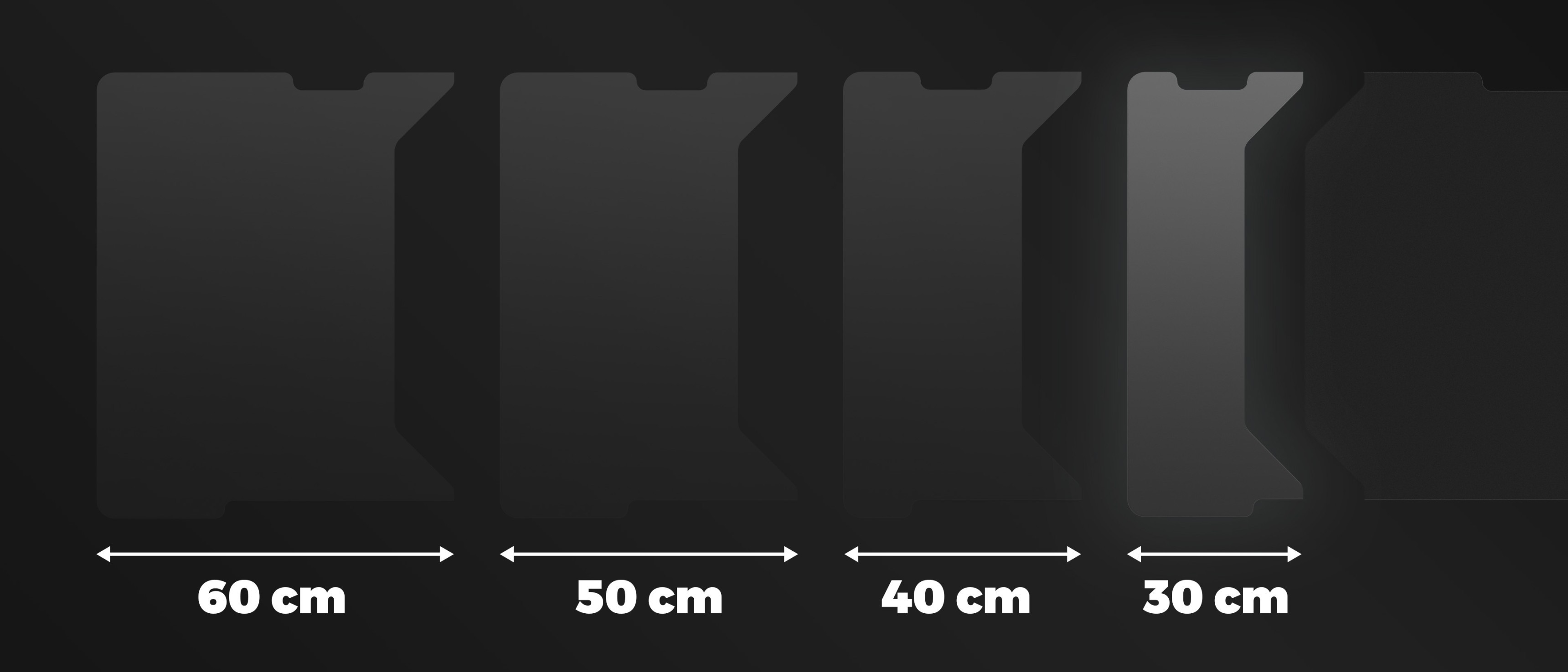 Side panel for Genesis Holm modular desk, measuring 30 cm, displayed alongside other size options: 60 cm, 50 cm, and 40 cm
