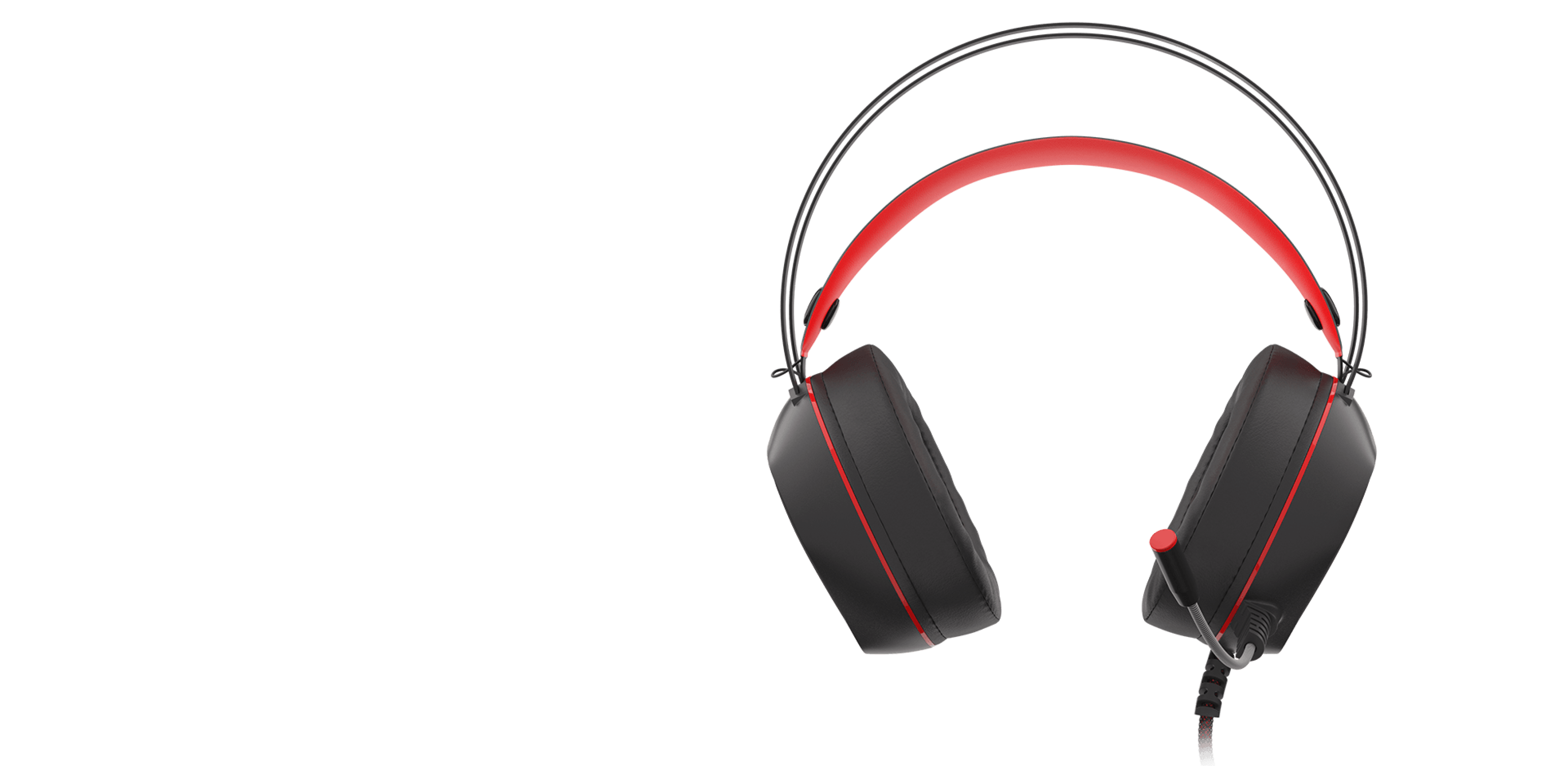 Headphones with a black body and red accents, featuring a padded headband and connection cable.