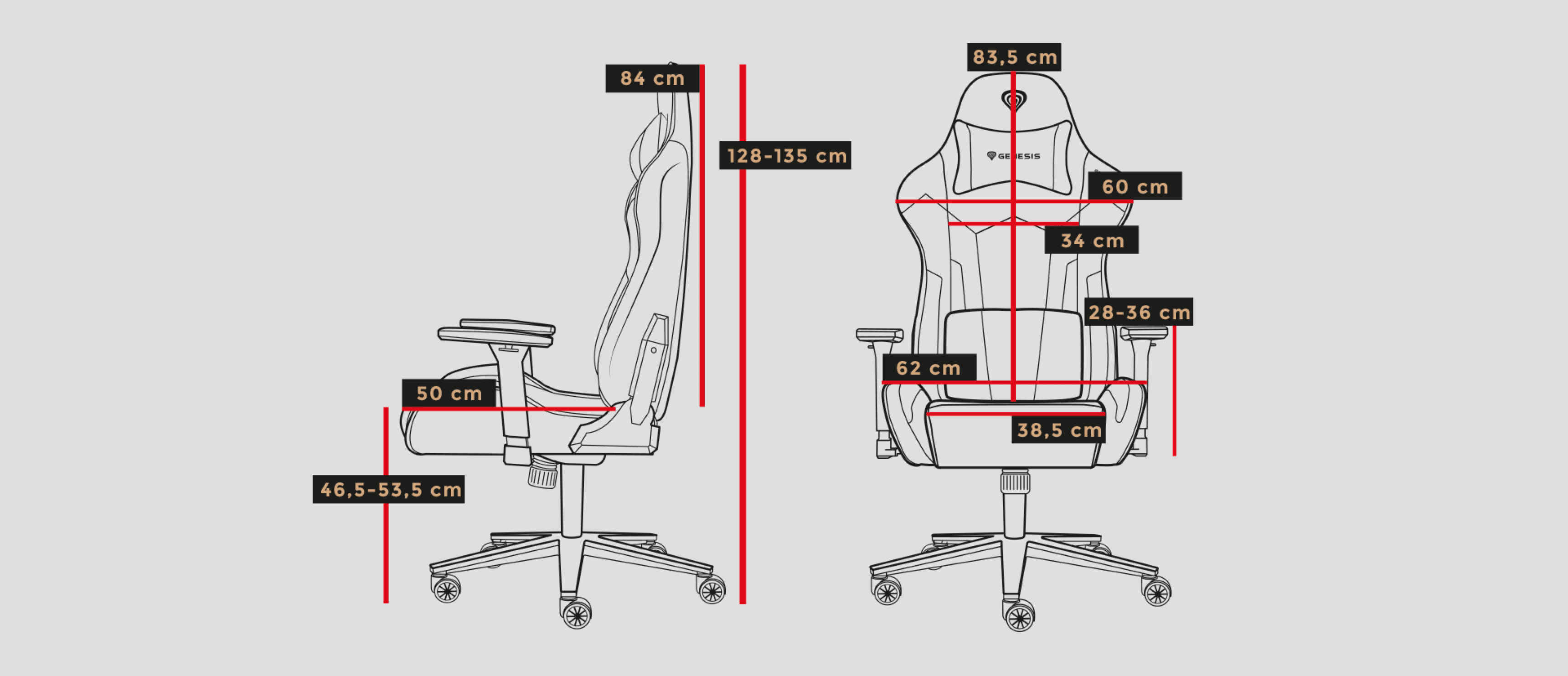Detailed dimensions of the Genesis Nitro 720 gaming chair, including height and width measurements in centimeters