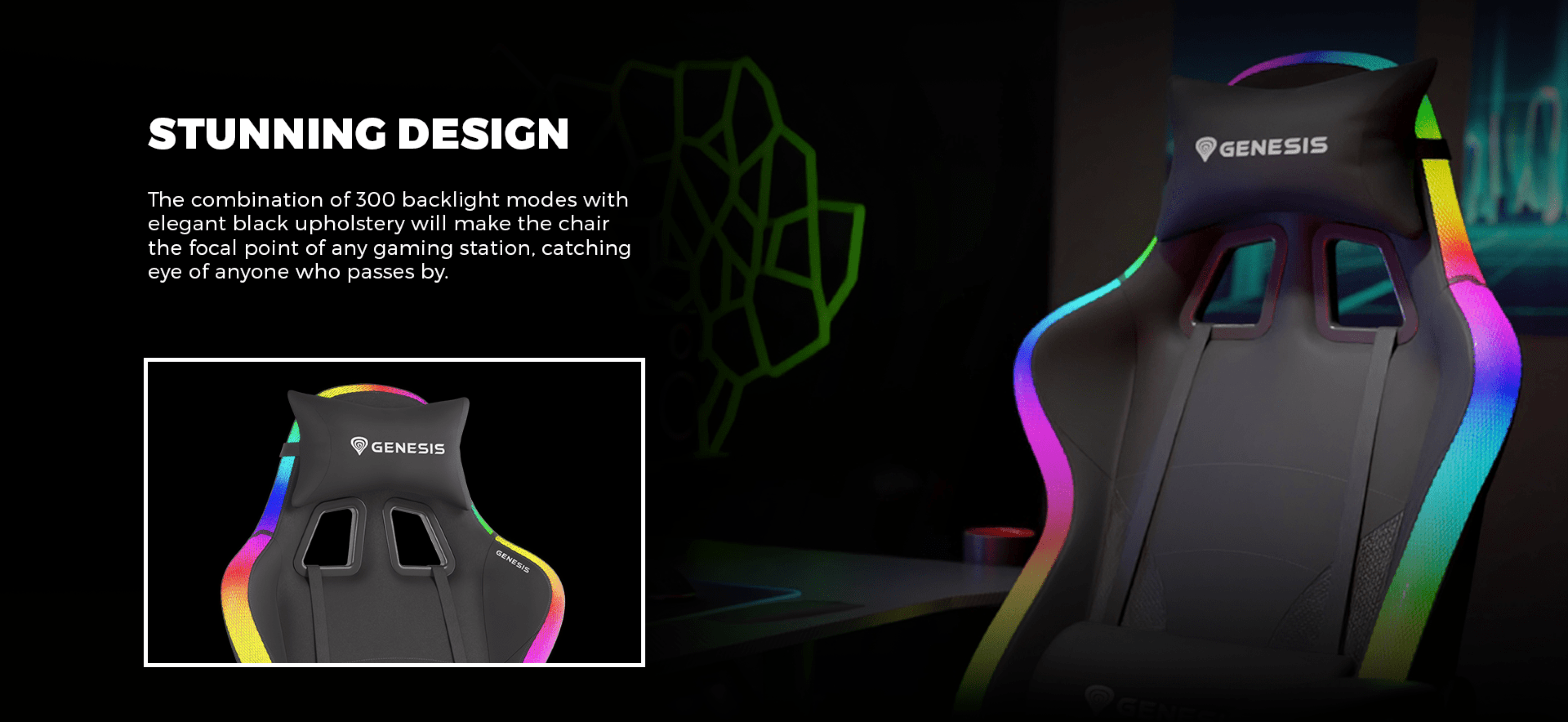 Gaming chair with a sleek design and colorful lighting along the edges.