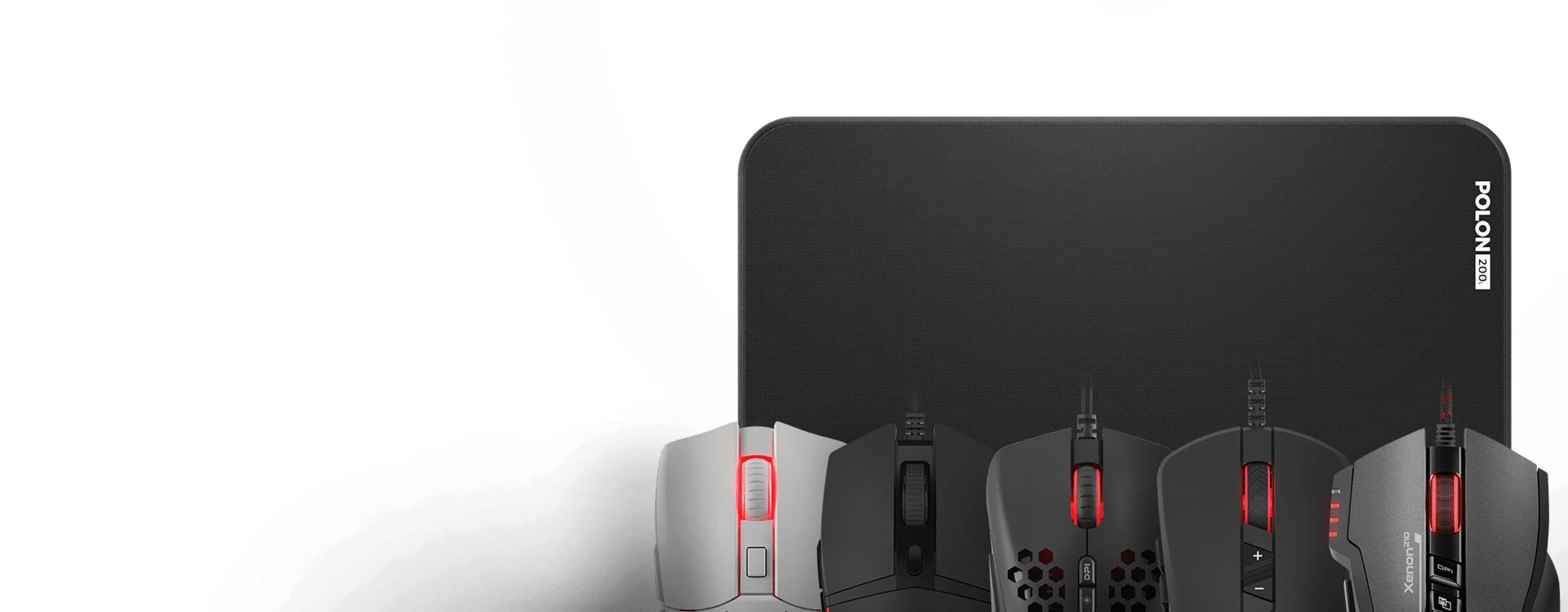 Large Genesis Polon 200 XL mousepad, measuring 500x400mm, with various gaming mice displayed on top