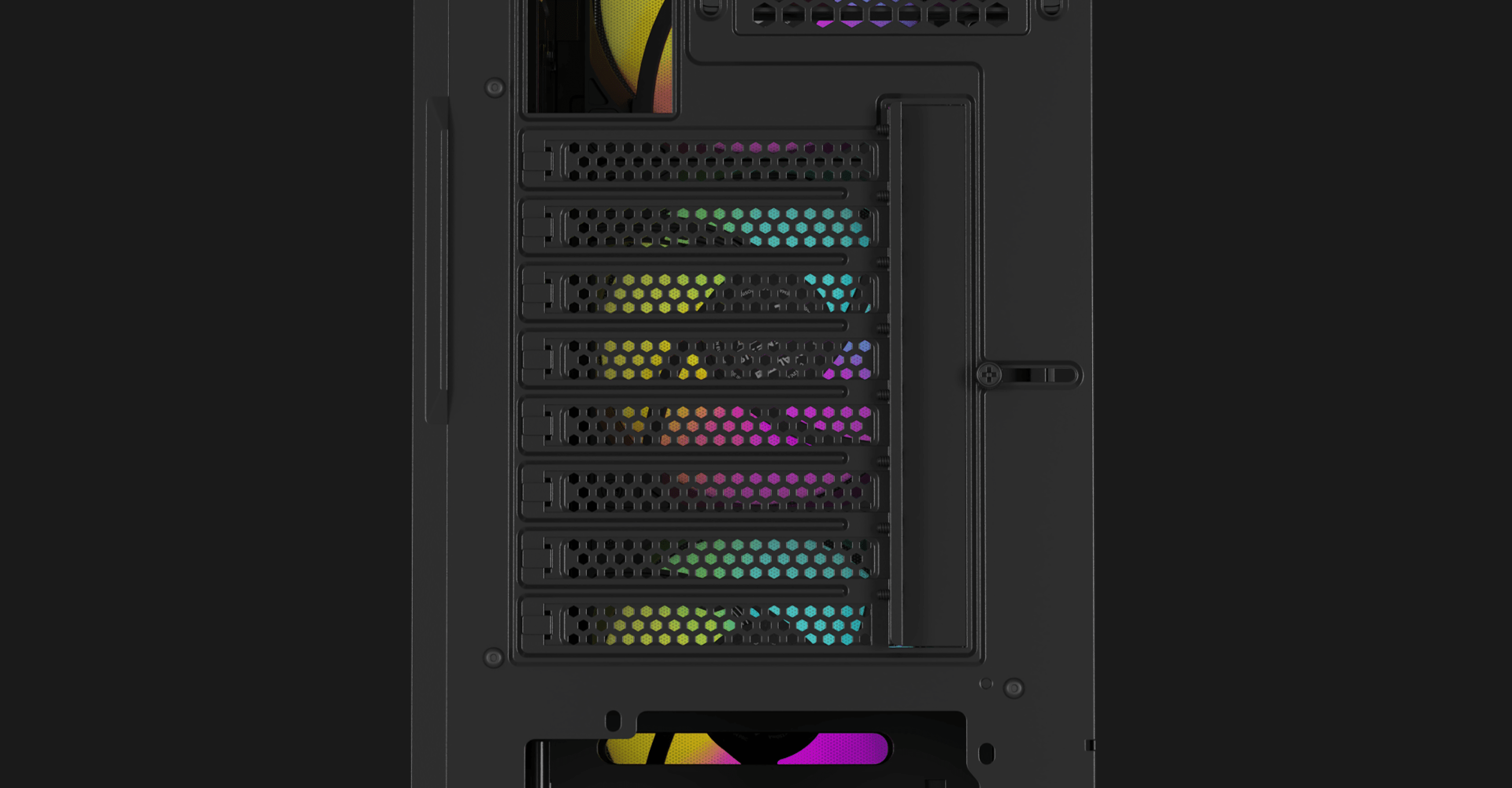 Black mid-tower PC case with an RGB fan display and multiple expansion slots. Features a windowed side panel