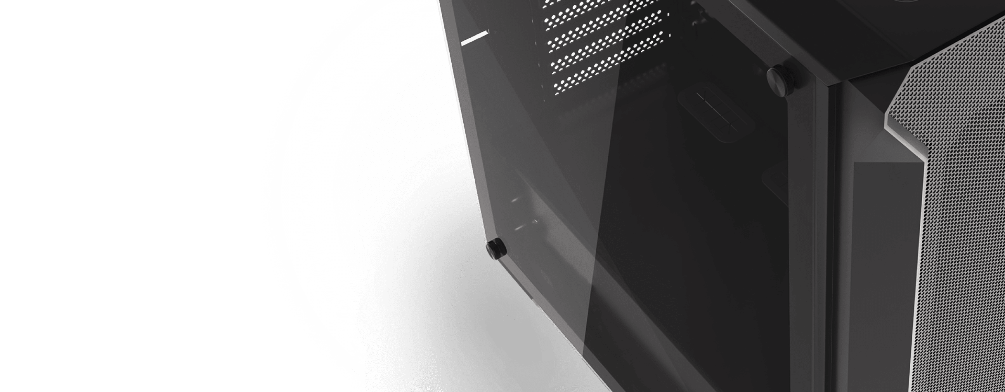Black Genesis Irid 505 V2 MIDI tower case with a transparent side window and mesh ventilation details