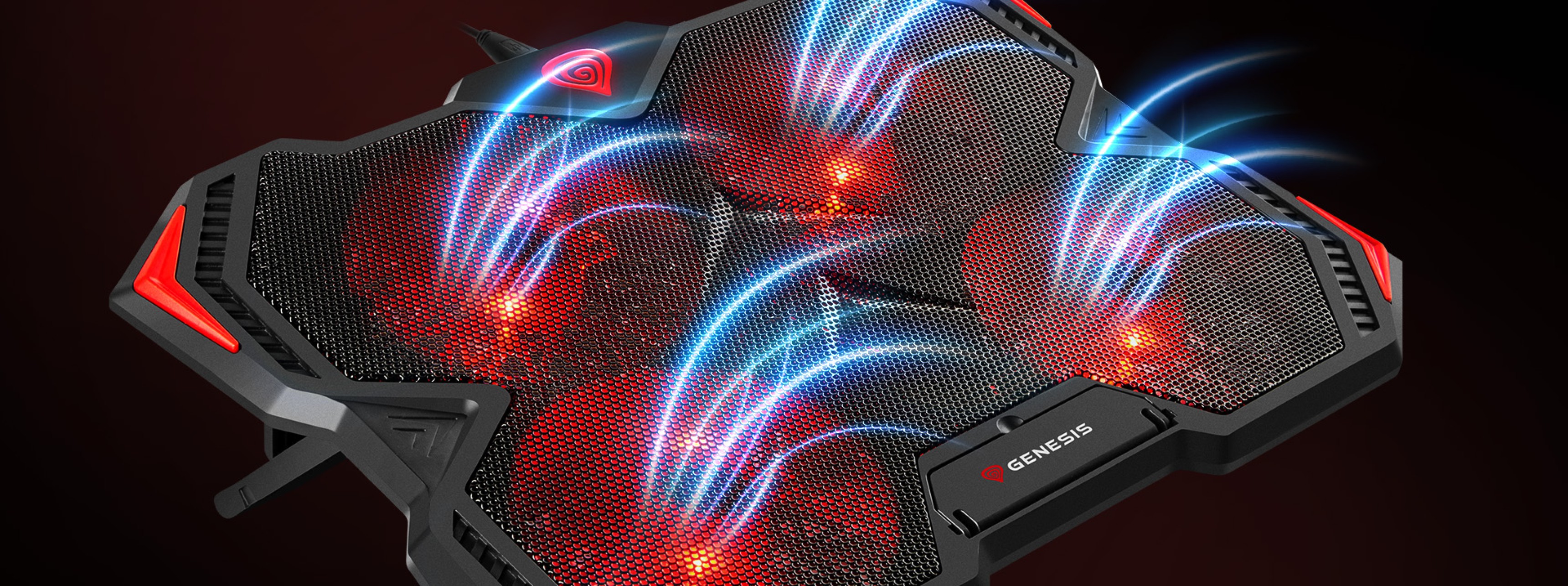 Cooling pad with multiple fans and glowing light effects in a sleek design.