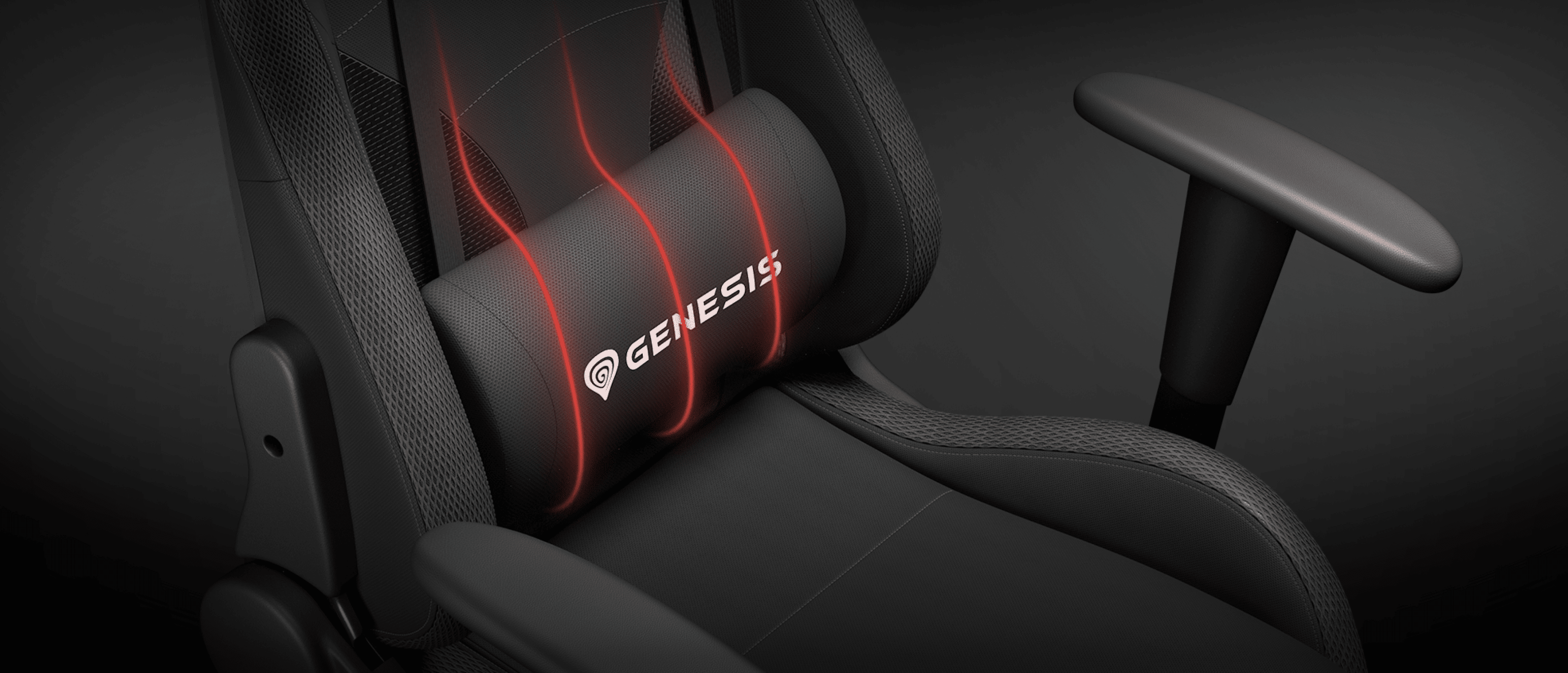 Gaming chair with a black finish, ergonomic design, and a red-lit lumbar support cushion.