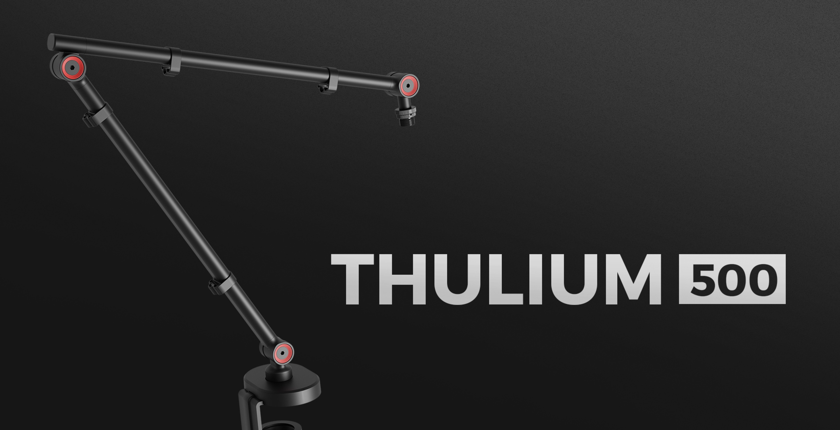Adjustable microphone arm with a headphone hanger, labeled "THULIUM 500," in a sleek black design