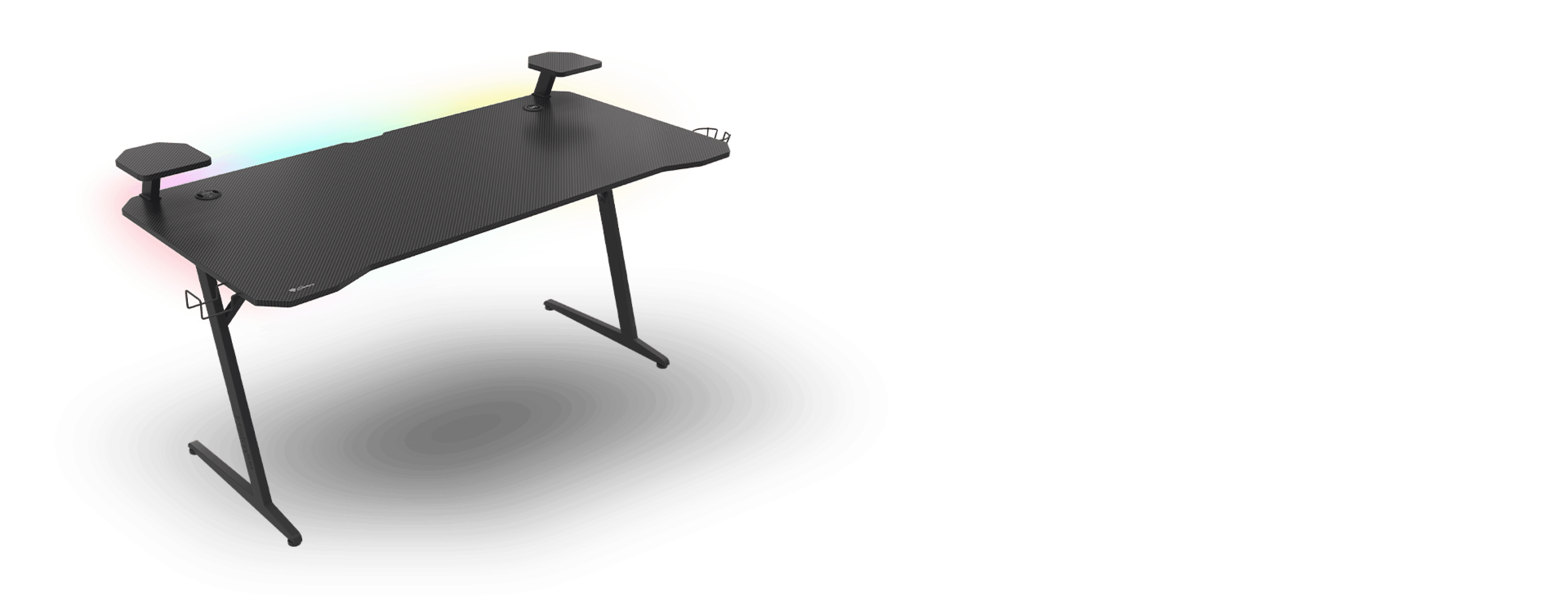 Stylish gaming desk with RGB lighting, measuring 160x75 cm, featuring two adjustable armrests and a sleek black finish