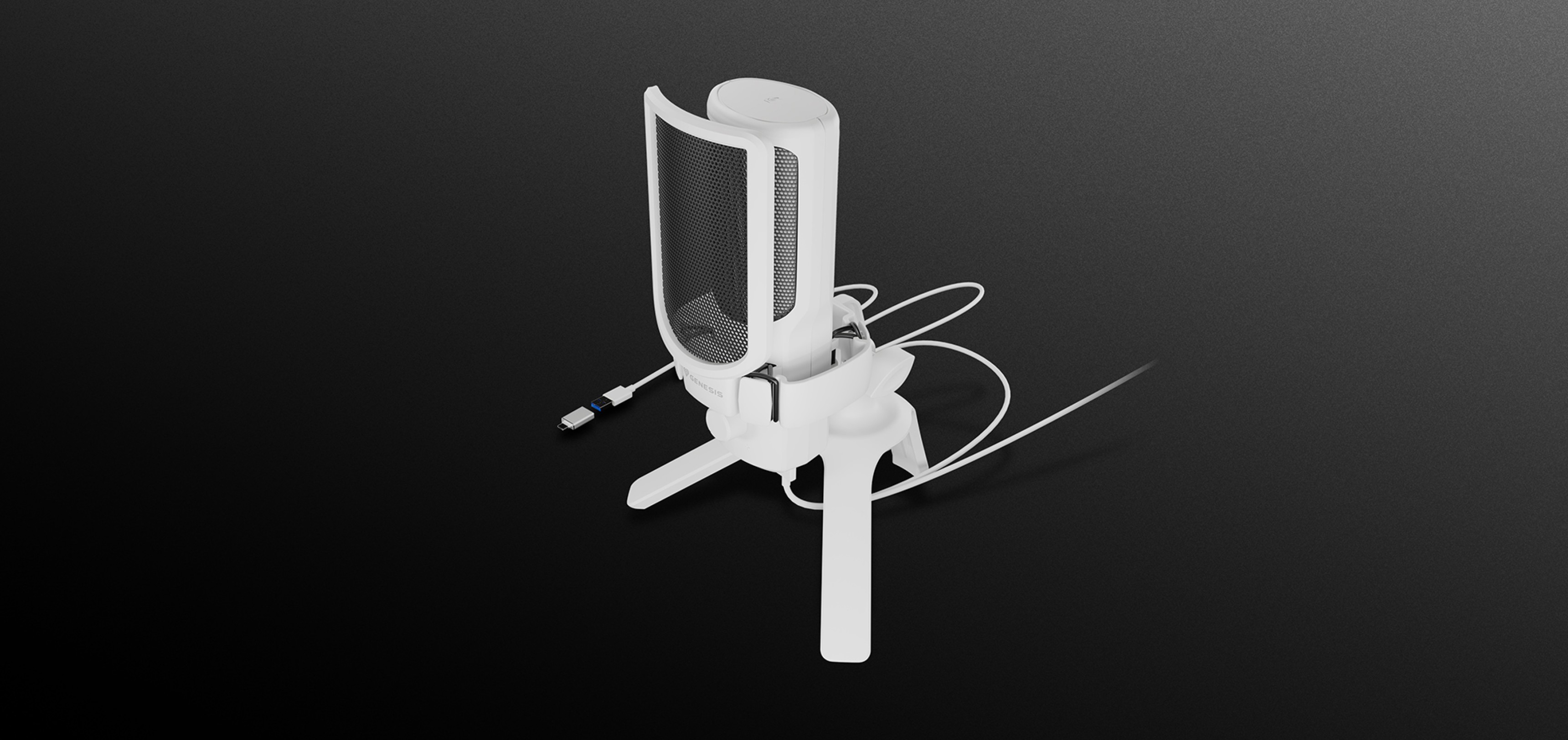 White USB microphone with a mesh front and three-legged stand, featuring a connected USB cable