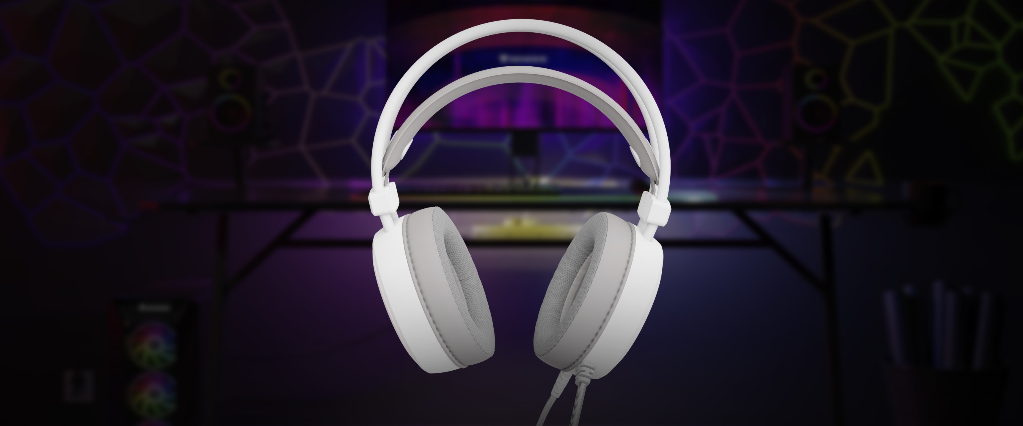 White Genesis Neon 613 G2 RGB over-ear headphones with a microphone, featuring white backlighting, set against a colorful backdrop
