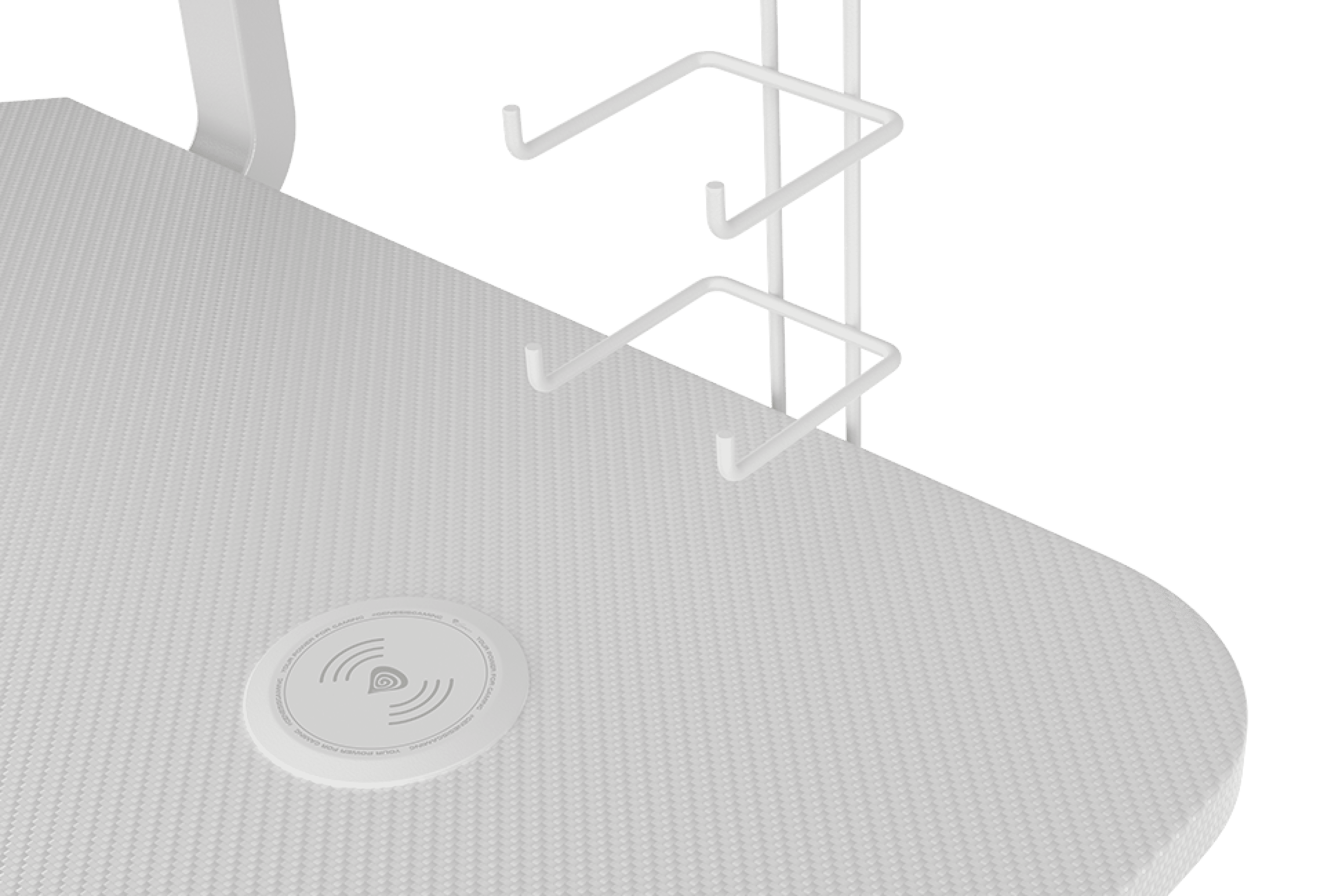 White gaming desk Genesis Holm 320 RGB featuring a textured surface and cable management hooks