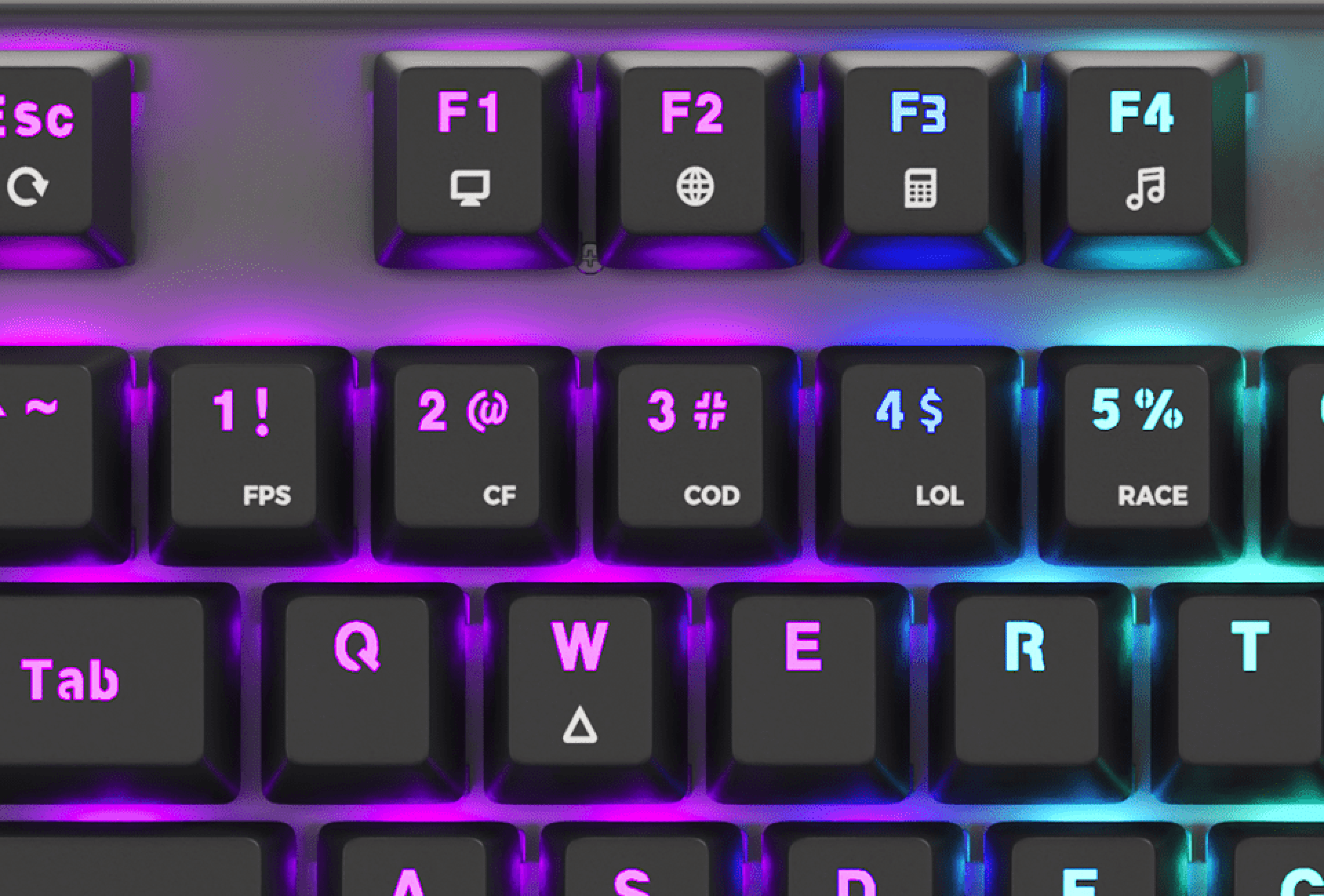 Close-up of a gaming keyboard with RGB backlighting highlighting function keys and a variety of symbols on the keycaps
