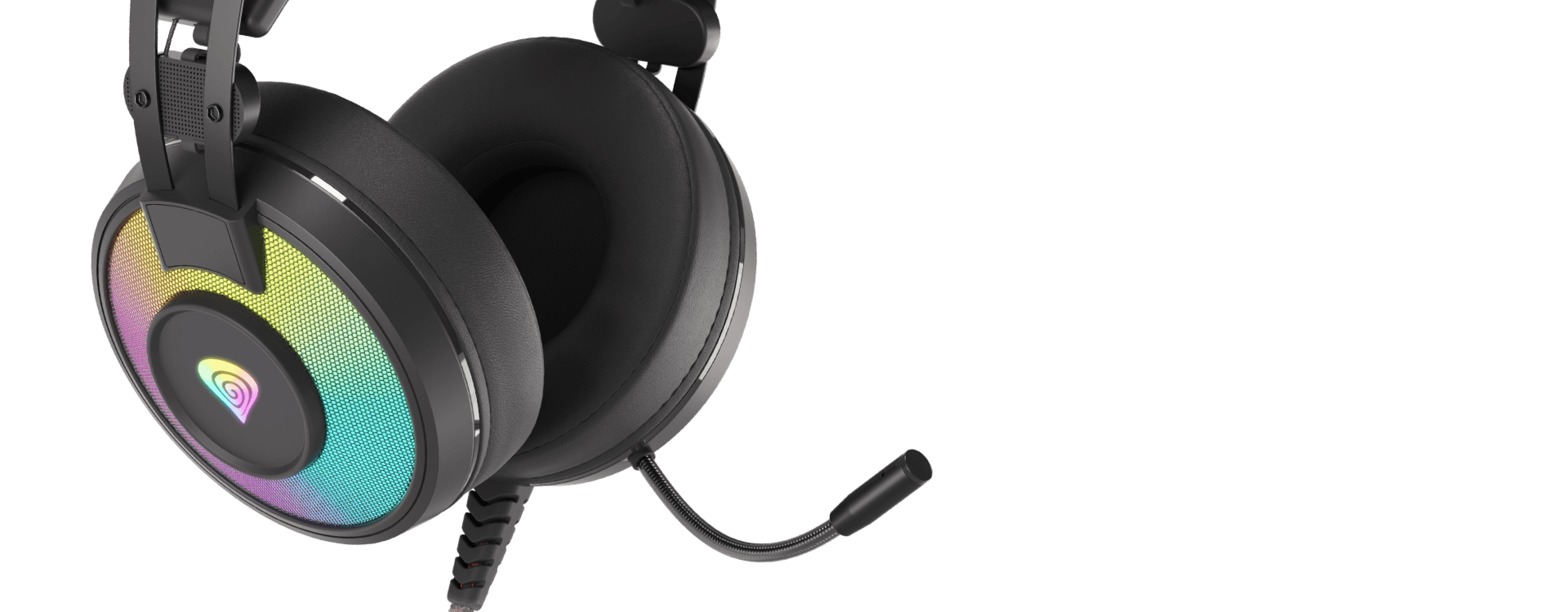 Headset with large padded ear cups and a colorful glowing design on the ear pads.