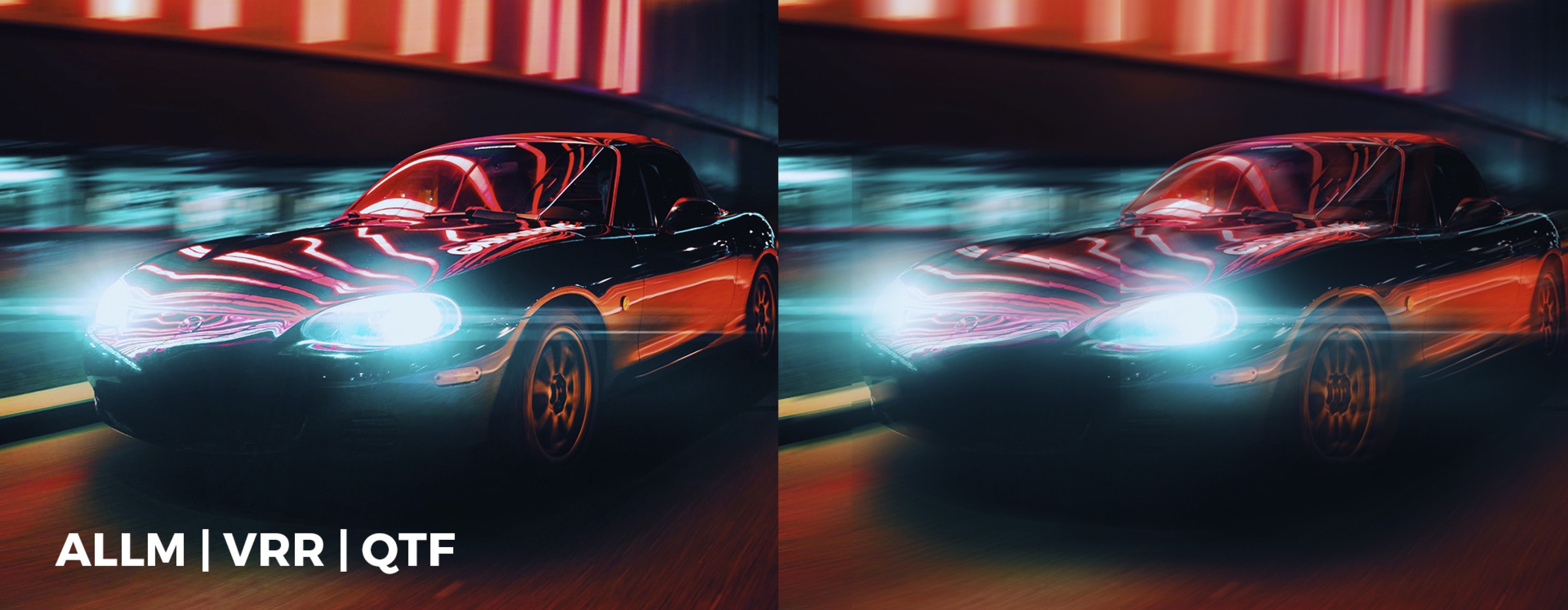 Visual comparison of image quality with features labeled ALLM, VRR, and QTF, featuring a sleek car in motion against a vibrant background