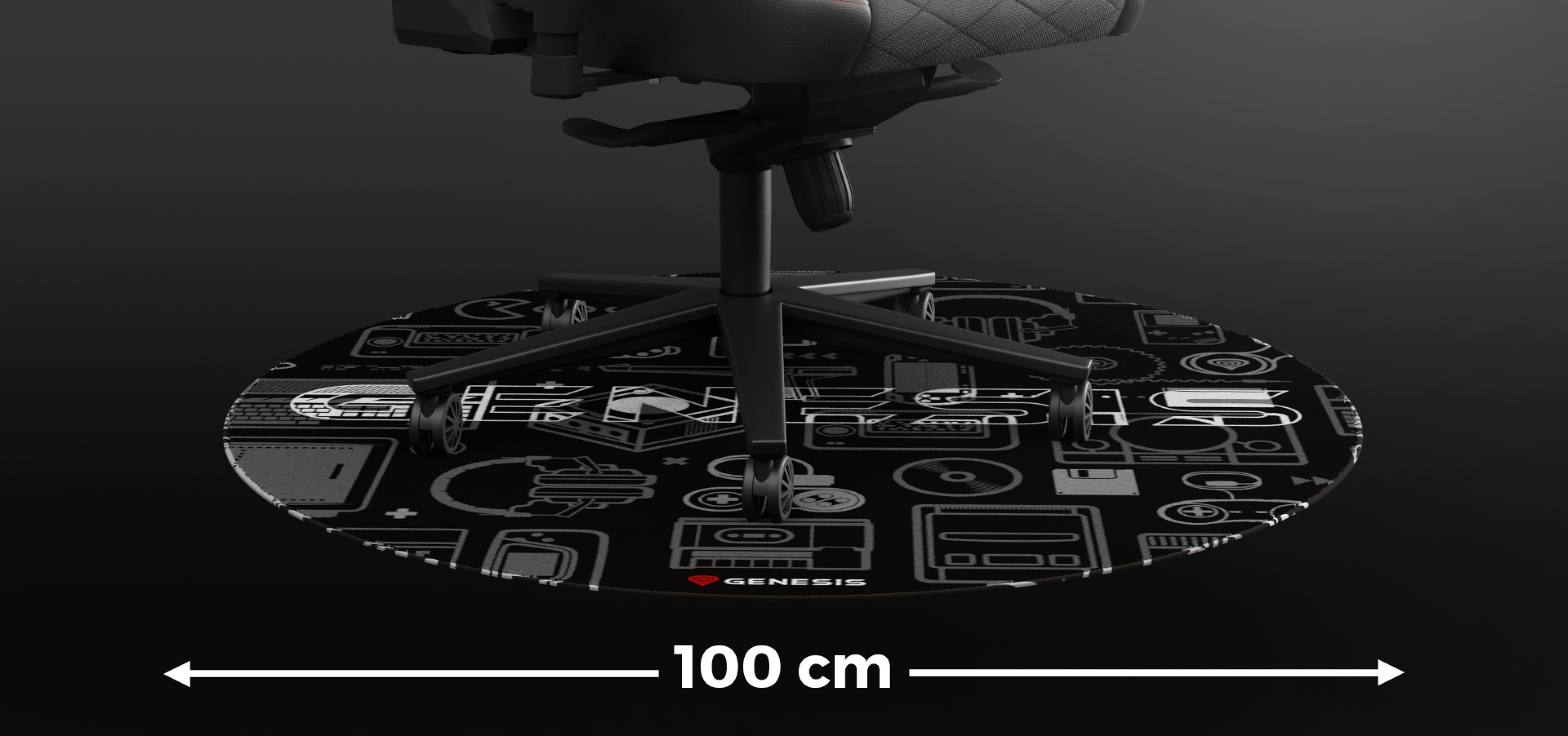 Round protective mat with a diameter of 100 cm, featuring various graphic designs beneath a chair
