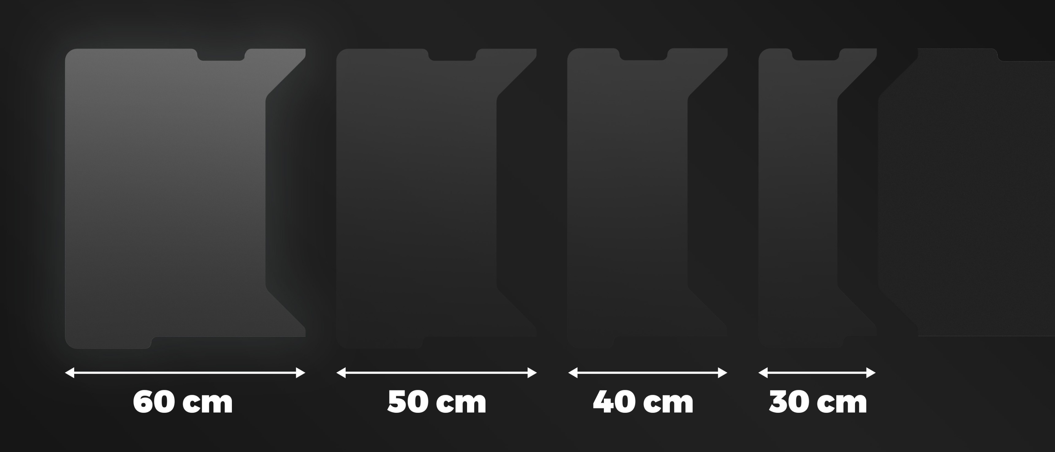 Modular desk side panel options displayed in varying widths: 60 cm, 50 cm, 40 cm, and 30 cm. Suitable for customized desk configurations