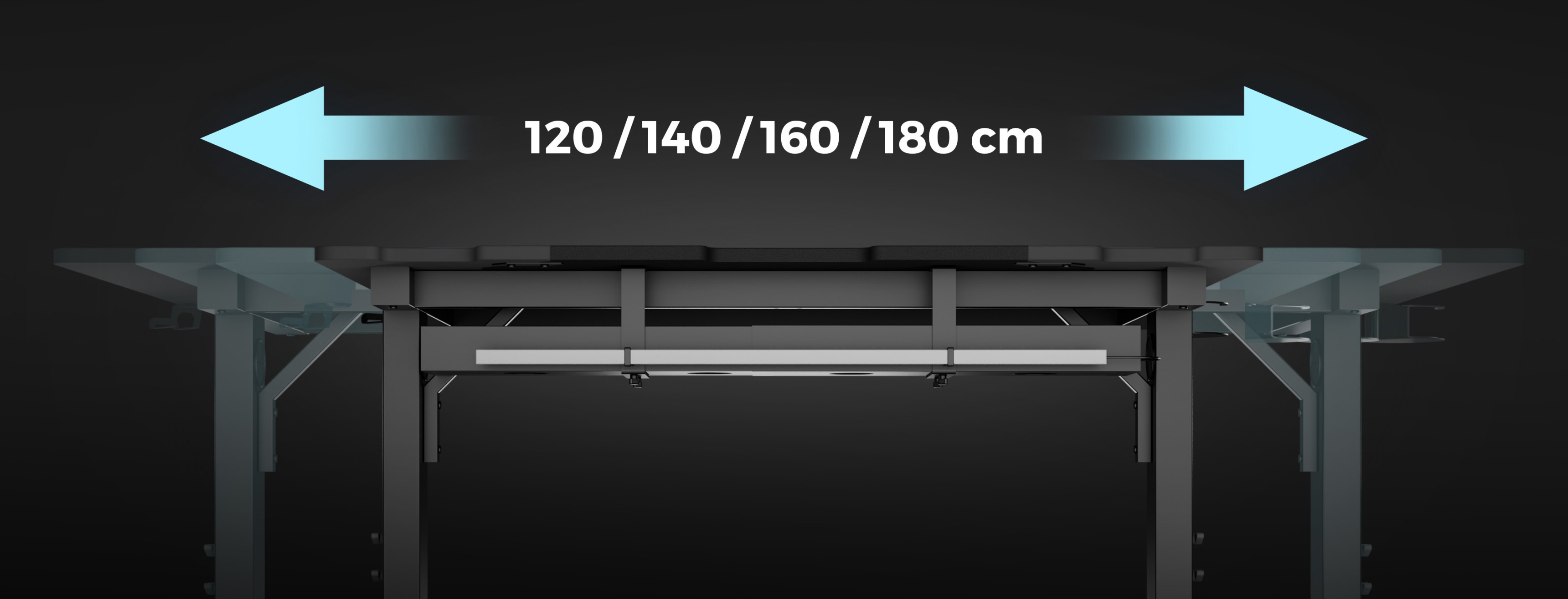 Modular gaming desk with adjustable width options of 120, 140, 160, or 180 cm, featuring a sturdy frame and sleek design