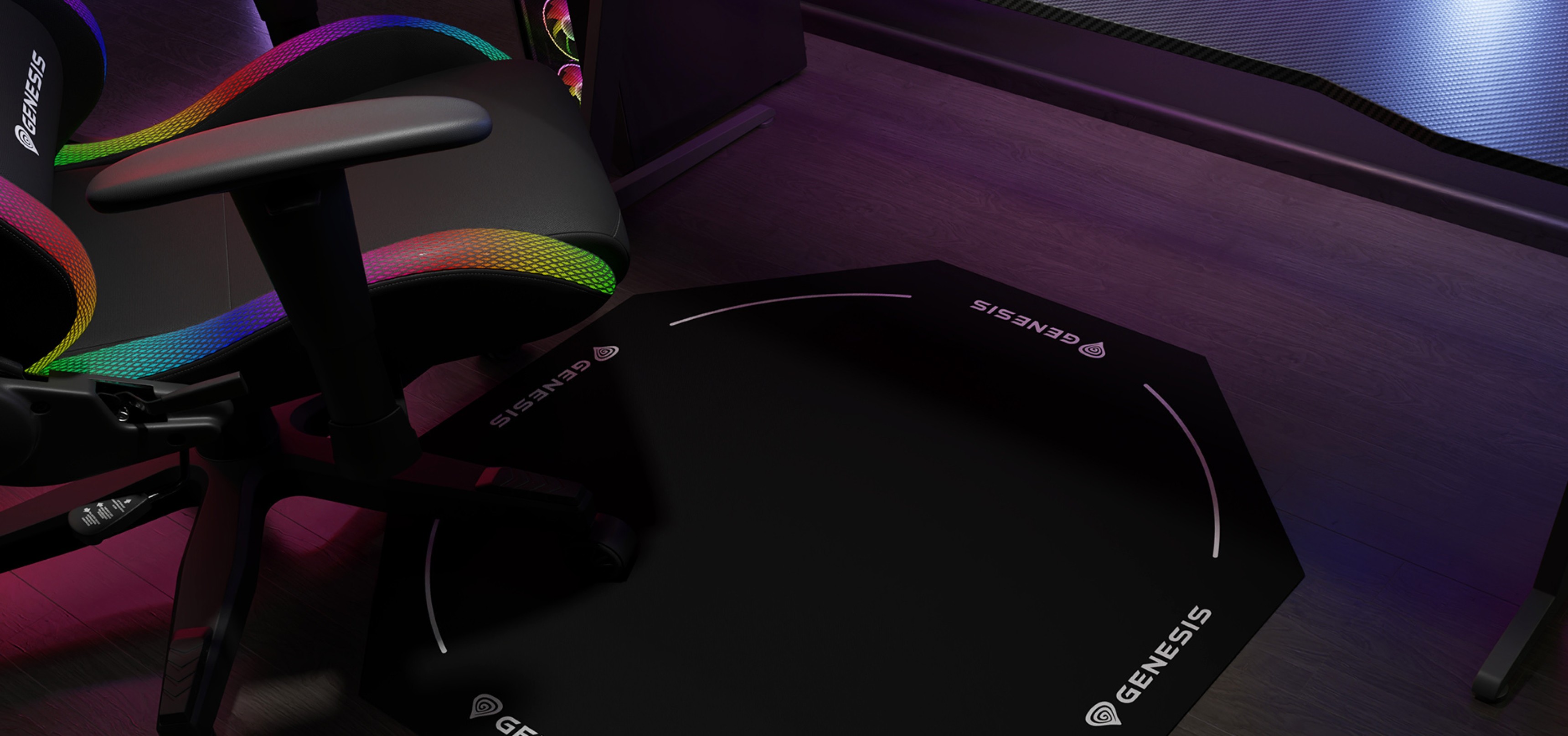 Octagonal gaming chair mat with the Genesis logo, designed to protect flooring under a chair