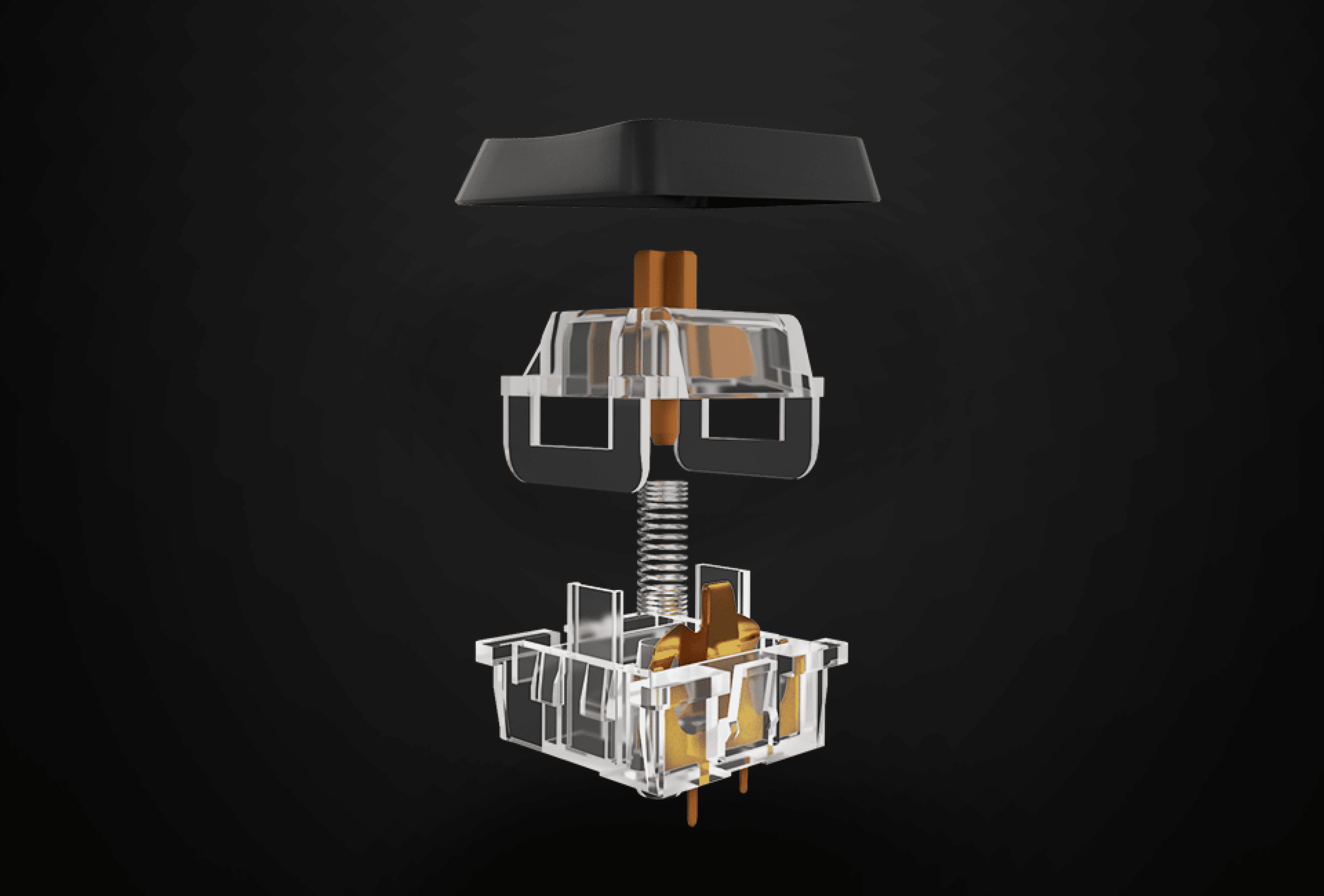 Exploded view of a mechanical keyboard switch with transparent and colored components.