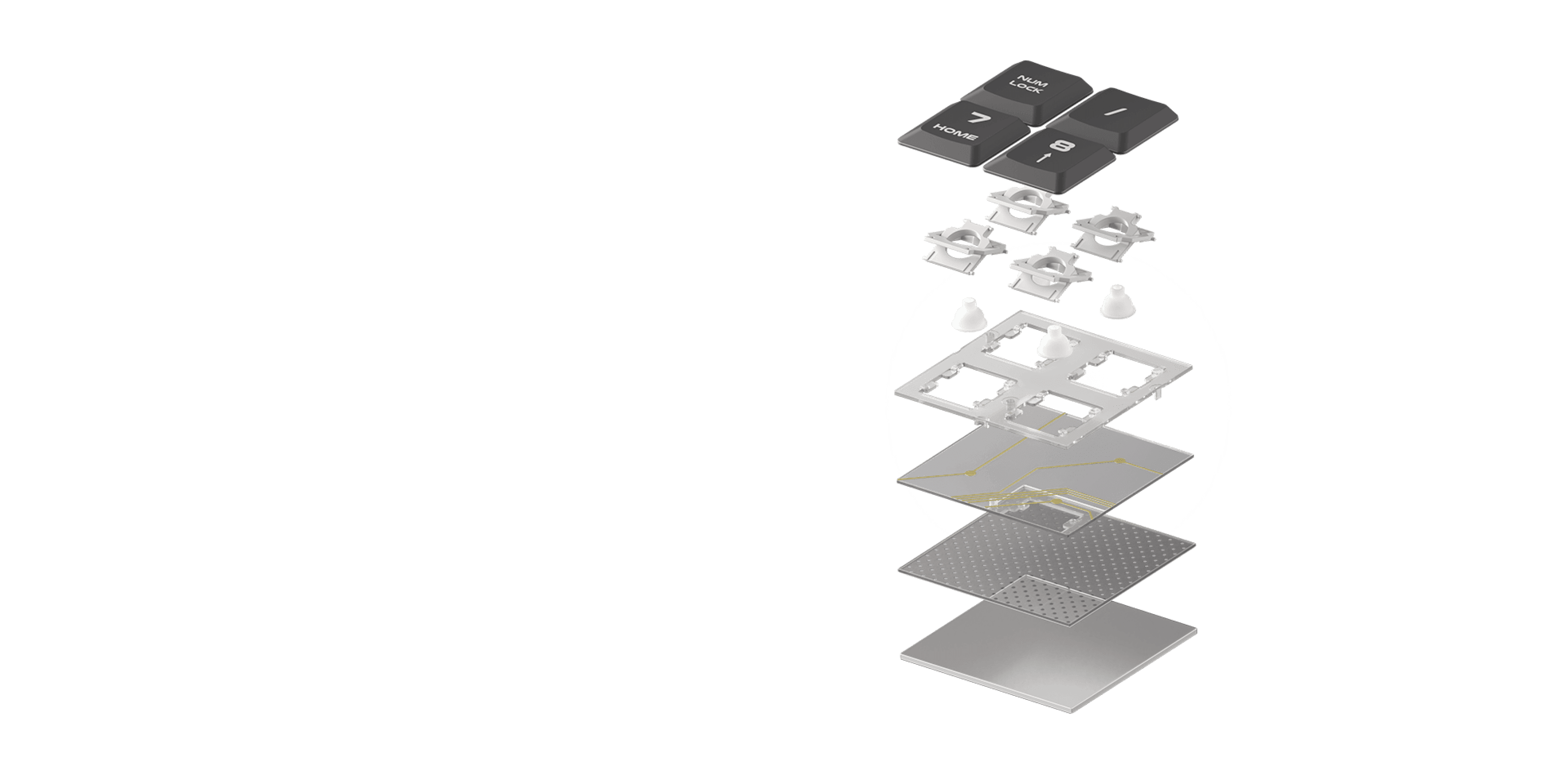 Exploded view of the Genesis Lith 400 RGB gaming keyboard showing keycaps, switches, and internal components