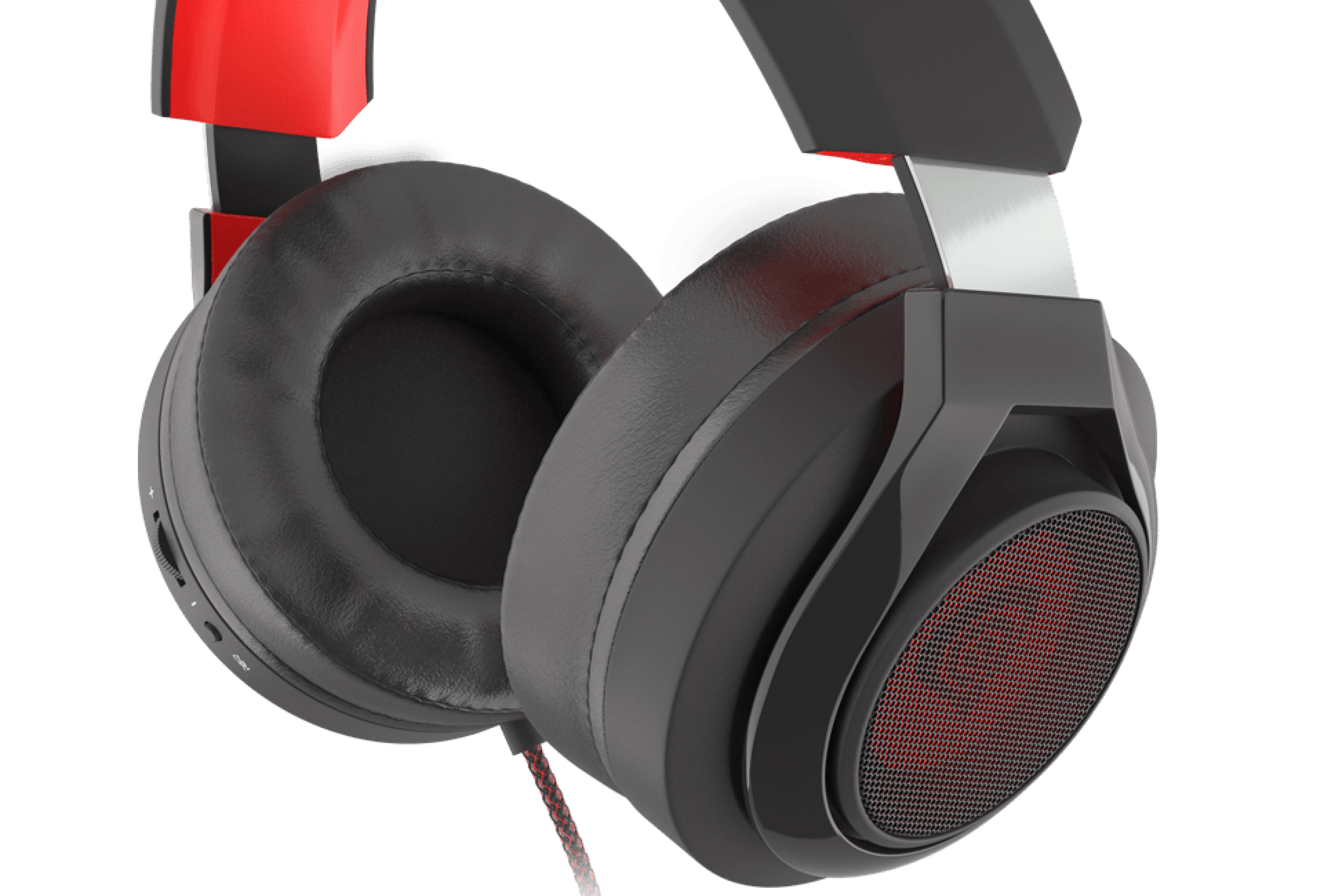 Black and red over-ear headphones with a microphone, featuring USB connectivity and 7.1 surround sound