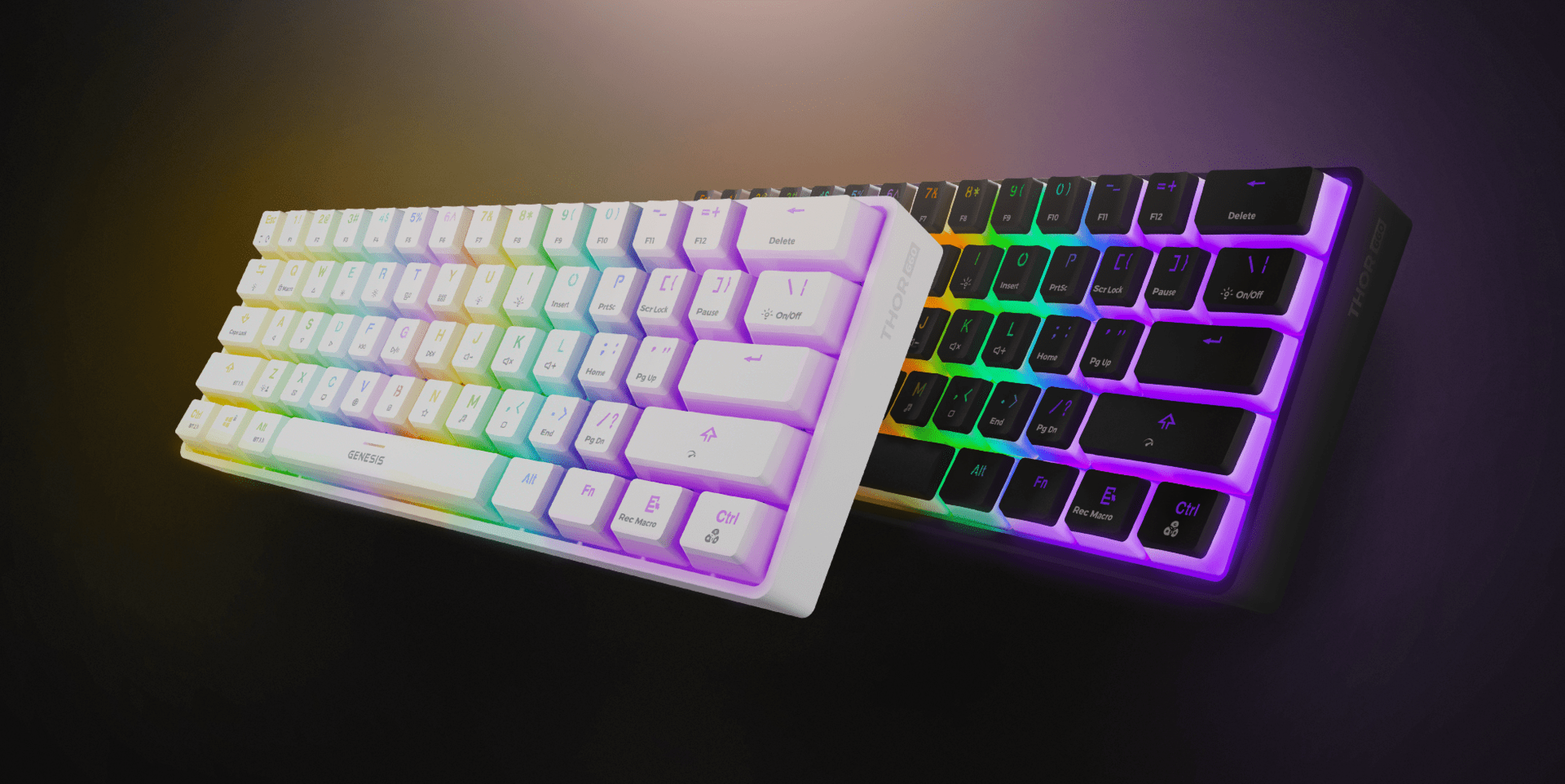 Two keyboards with colorful backlighting, one white and one black, positioned at an angle.