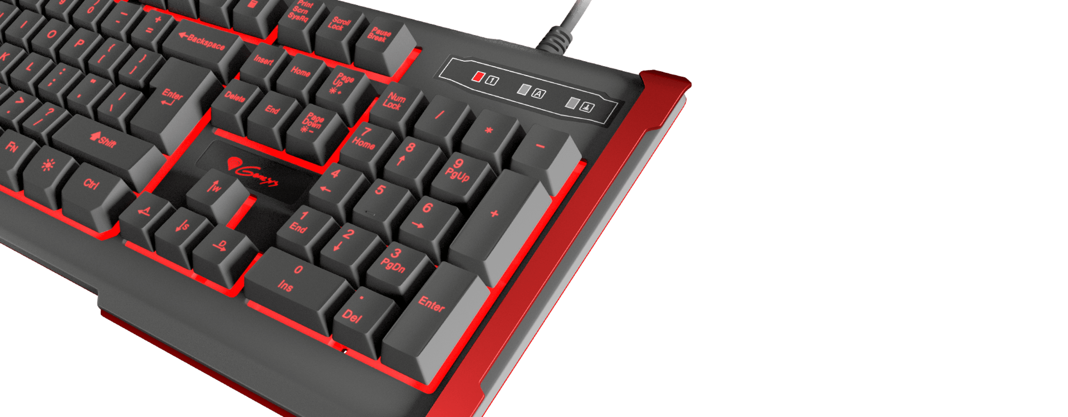 Keyboard with dark keys and red accents, featuring a connection cable and various function keys.