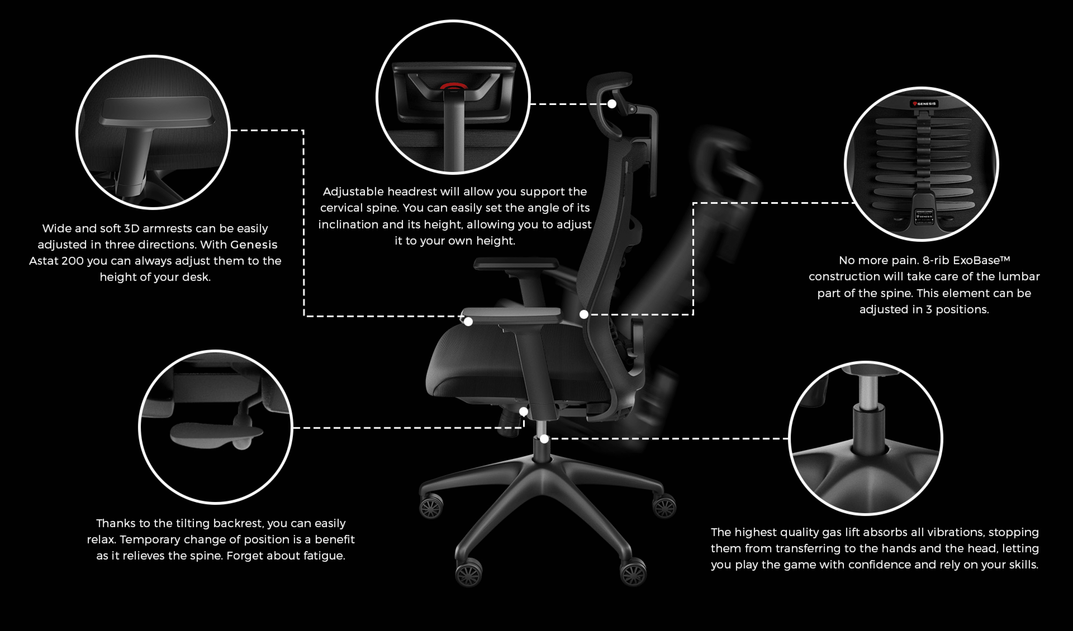 Ergonomic office chair featuring adjustable headrest, various tilt positions, and a black design for comfort and support