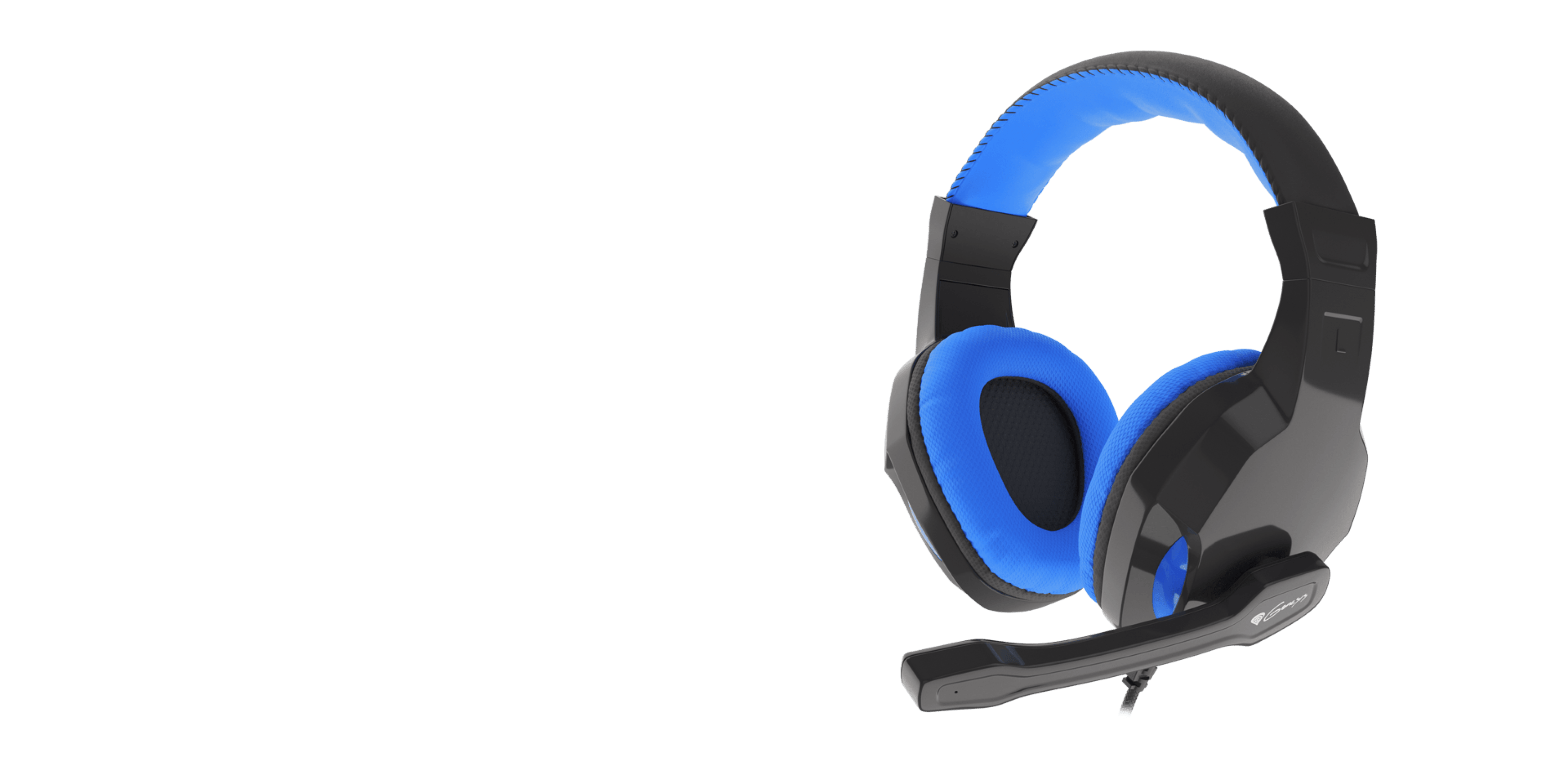 Black and blue over-ear headphones with a flexible microphone, designed for gaming and communication