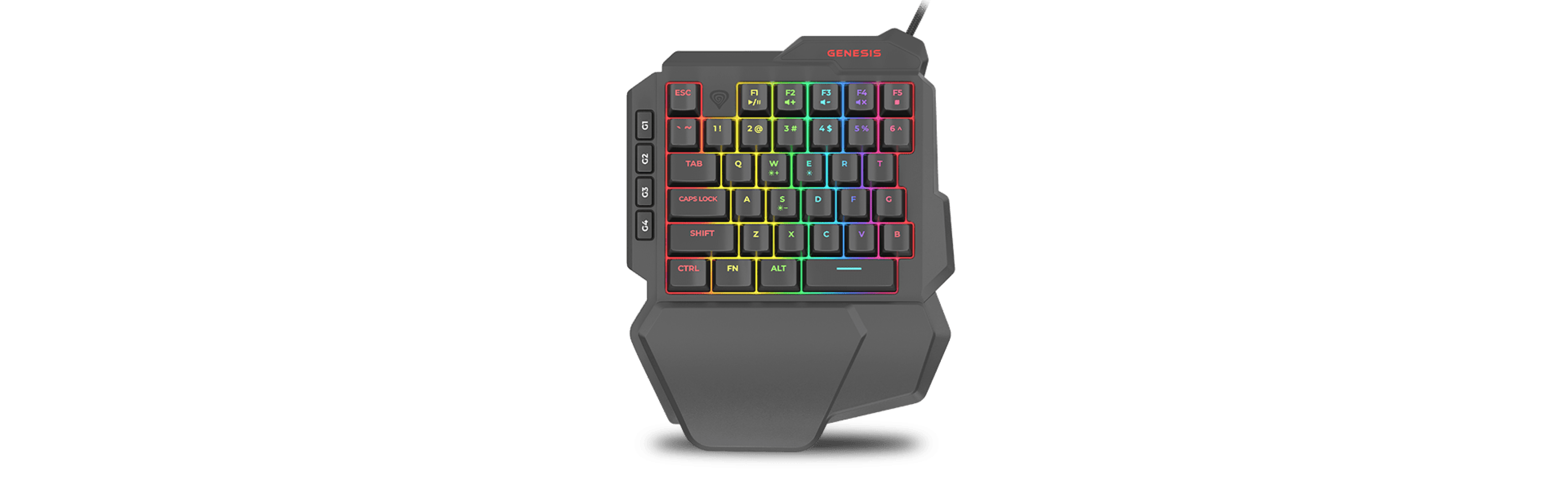 Compact gaming keyboard with colorful backlit keys and a unique angular design.