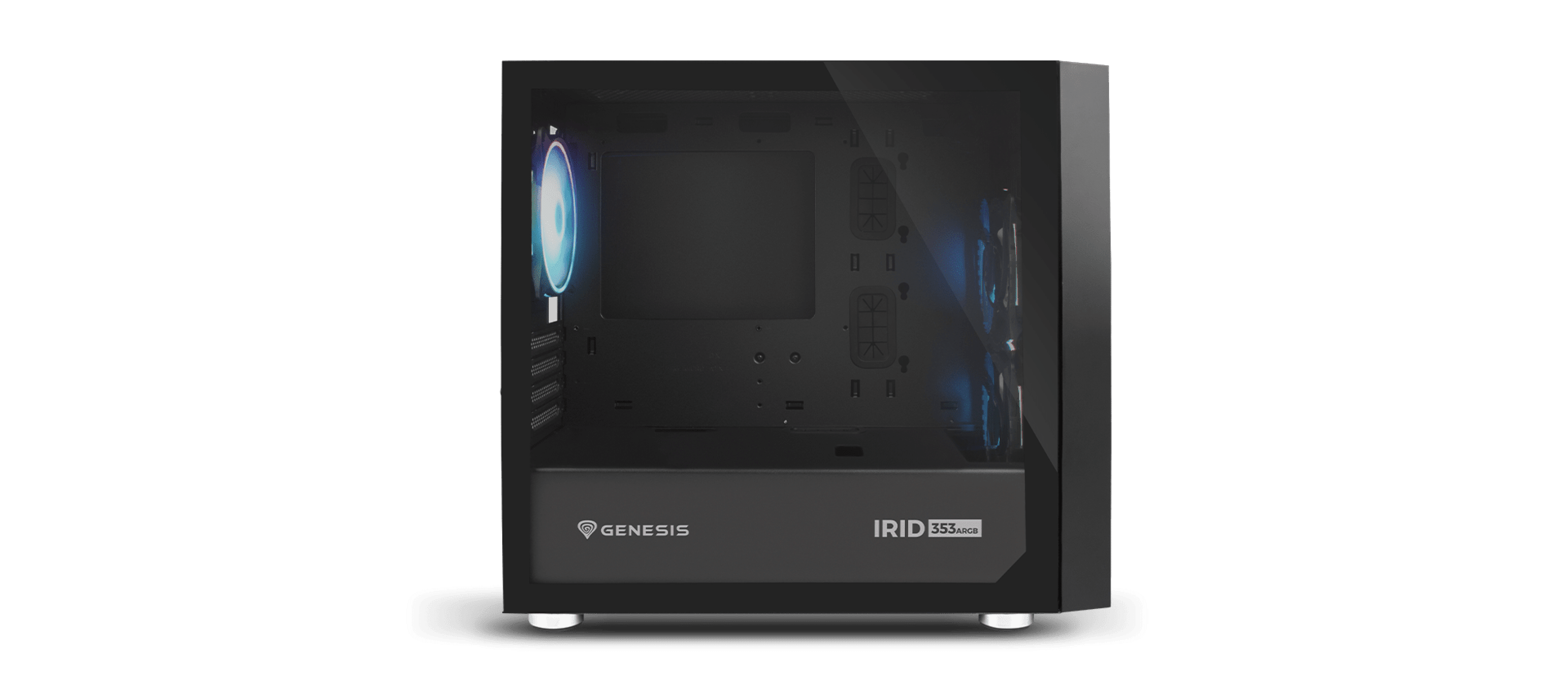 Computer case with a transparent side panel and a front fan with colorful lighting.