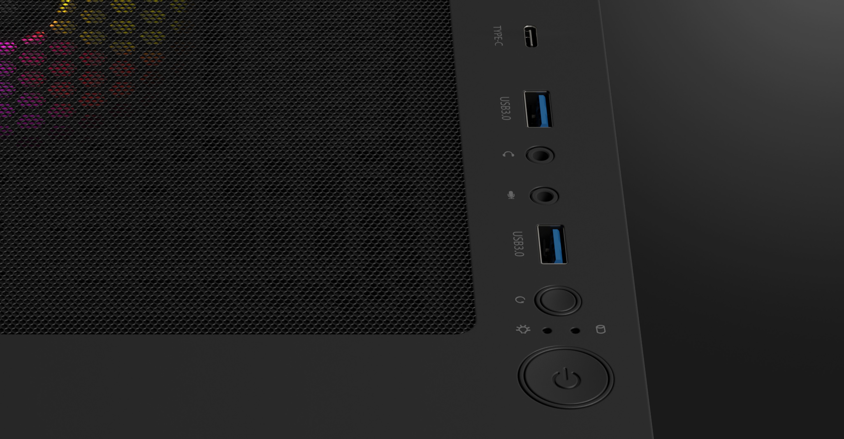 Black tower computer case with RGB fan, USB ports, and audio controls on the front panel