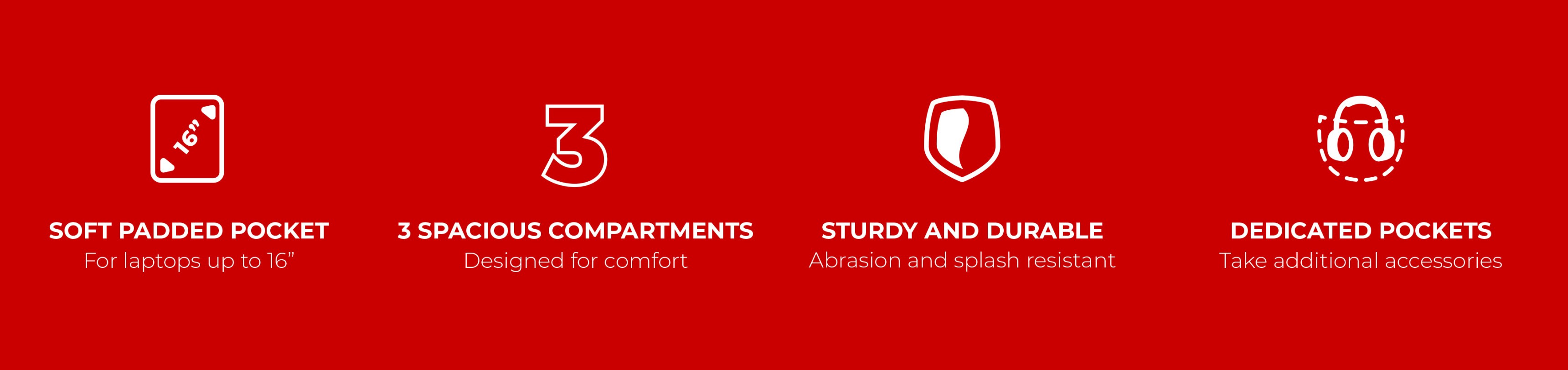 A red background featuring four icons representing various product features.