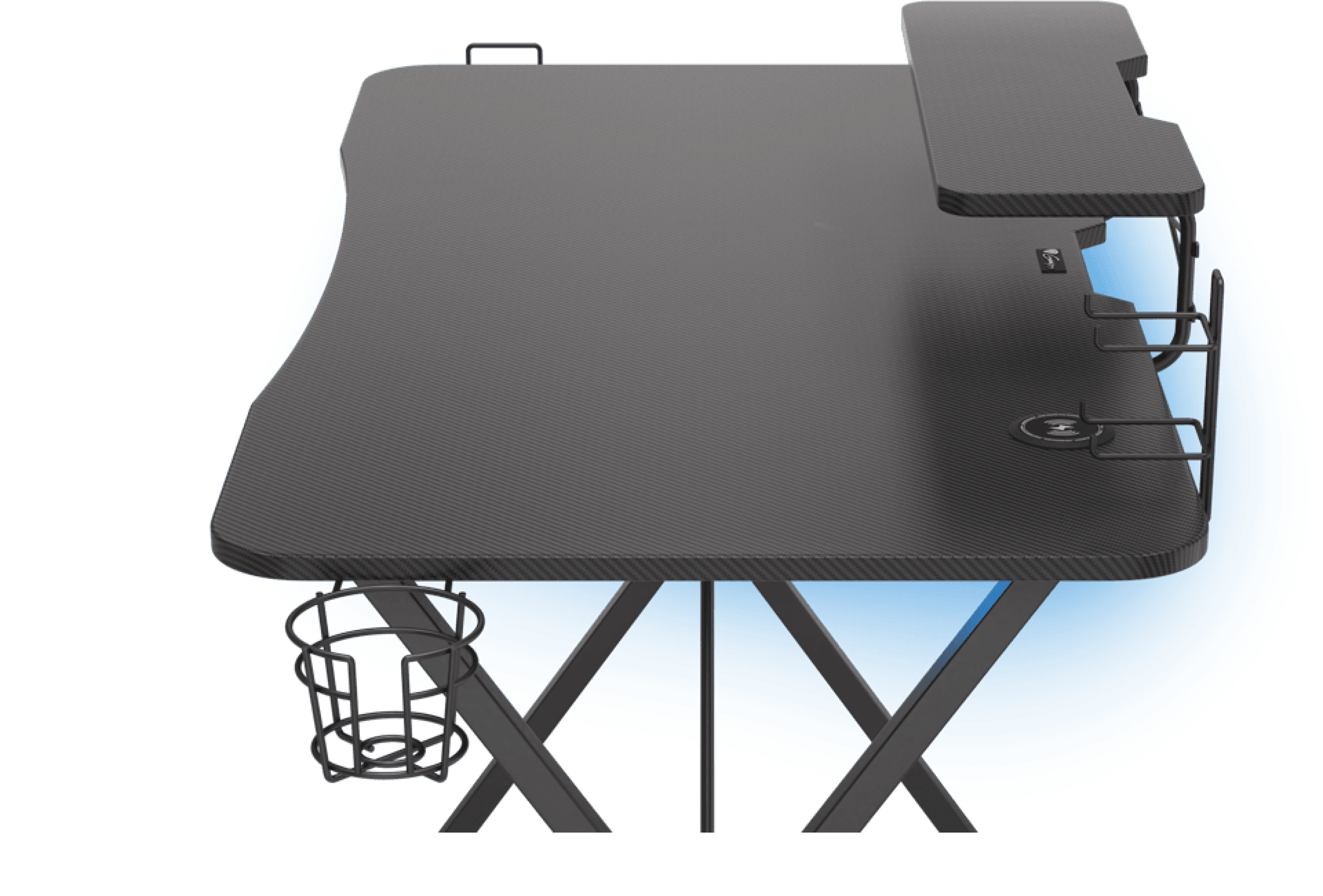 Black gaming desk with RGB lighting, featuring a curved top, cup holder, and accessory hooks for gaming setup