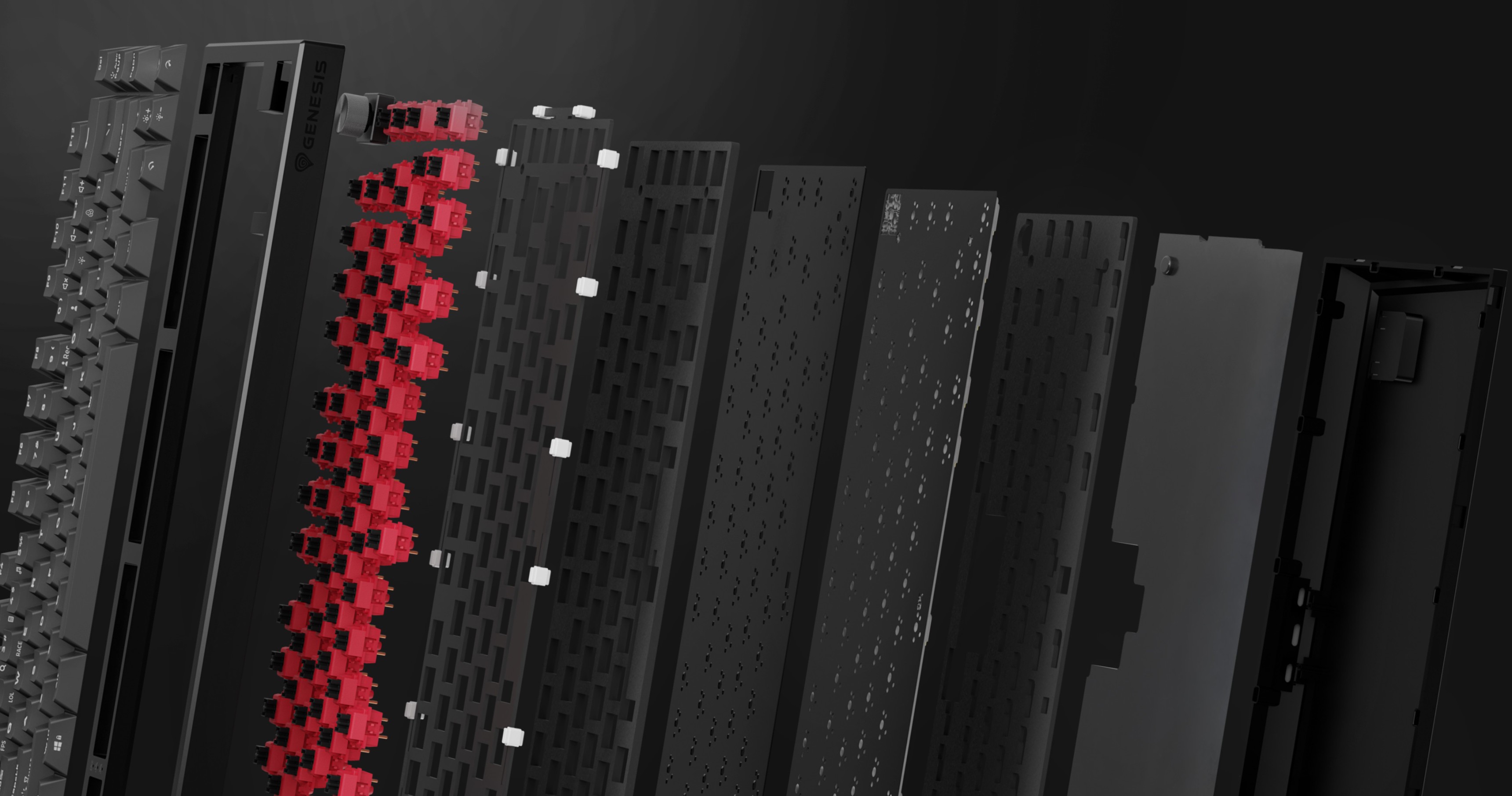 Various keyboard keys arranged in a gradient from red to black, showcasing different textures.