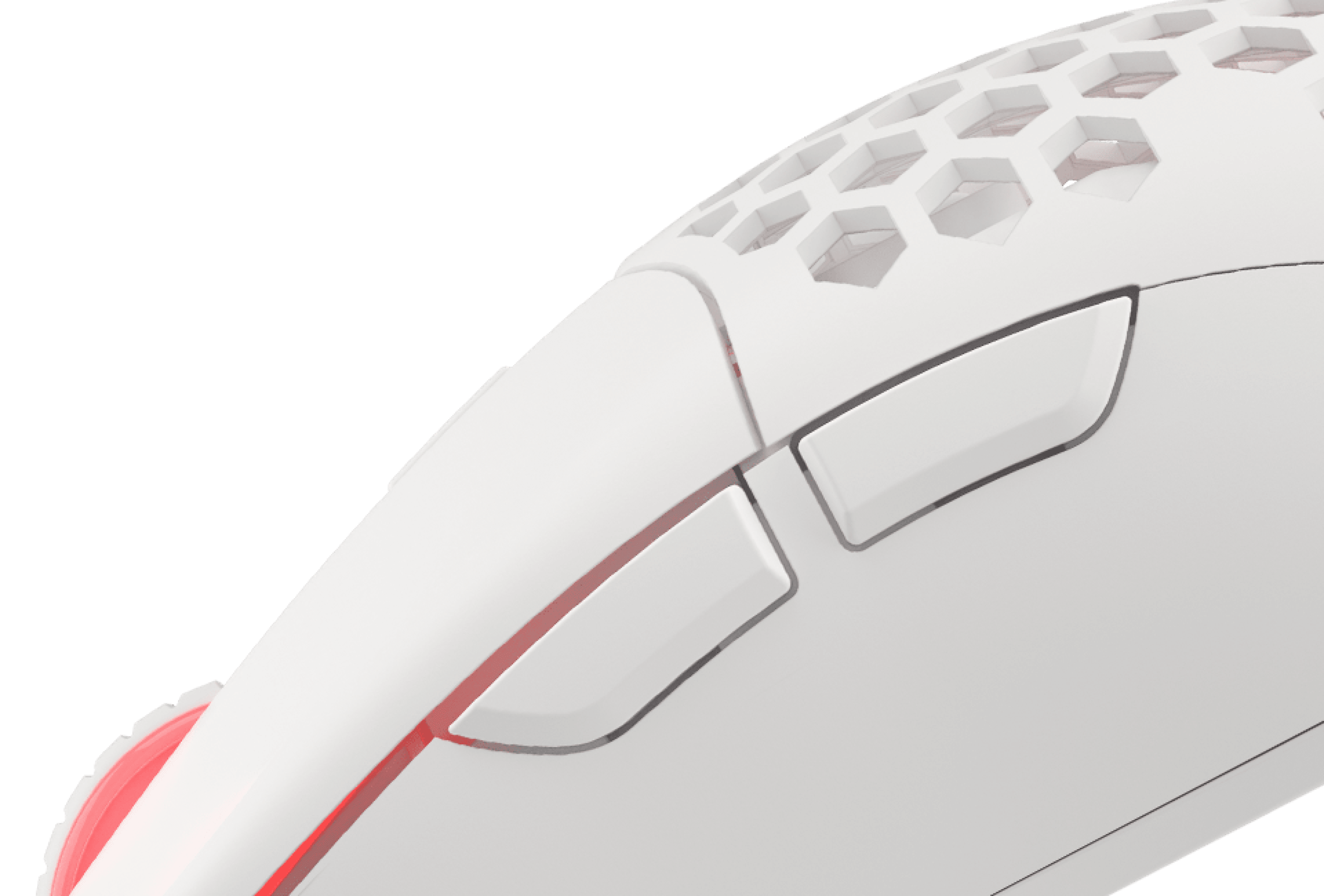 White gaming mouse with RGB lighting, featuring a honeycomb design and ergonomic buttons for enhanced gaming performance