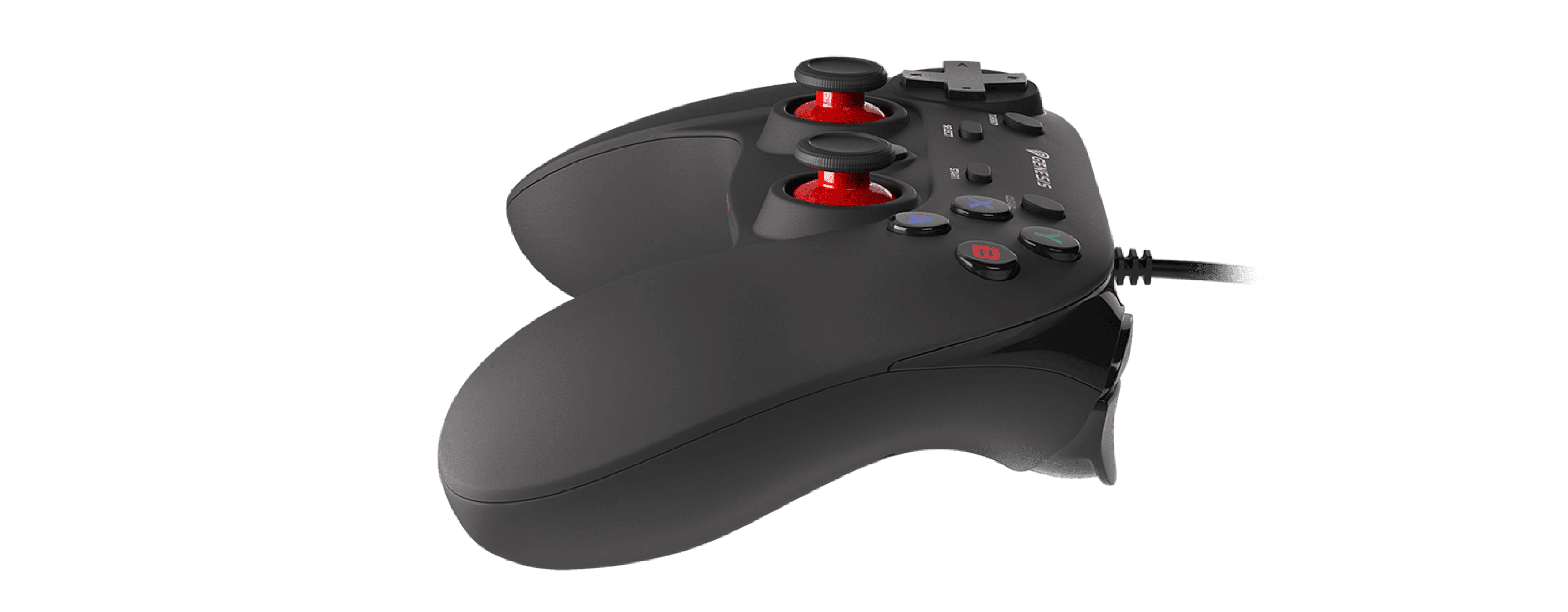 Game controller with a wired connection and buttons in various colors.