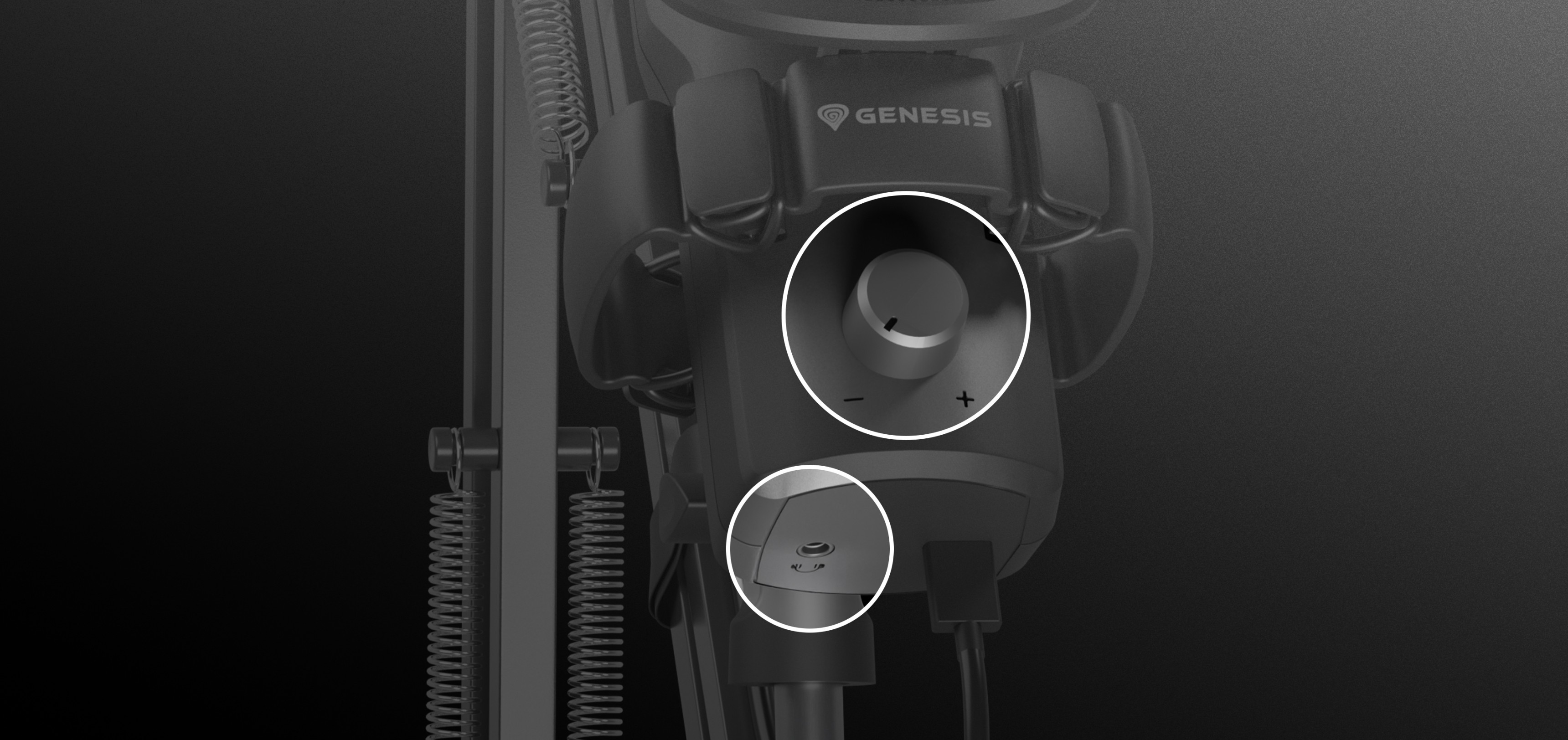 Close-up of the Genesis Radium 251 USB microphone's control panel, featuring volume and mute buttons on a black arm