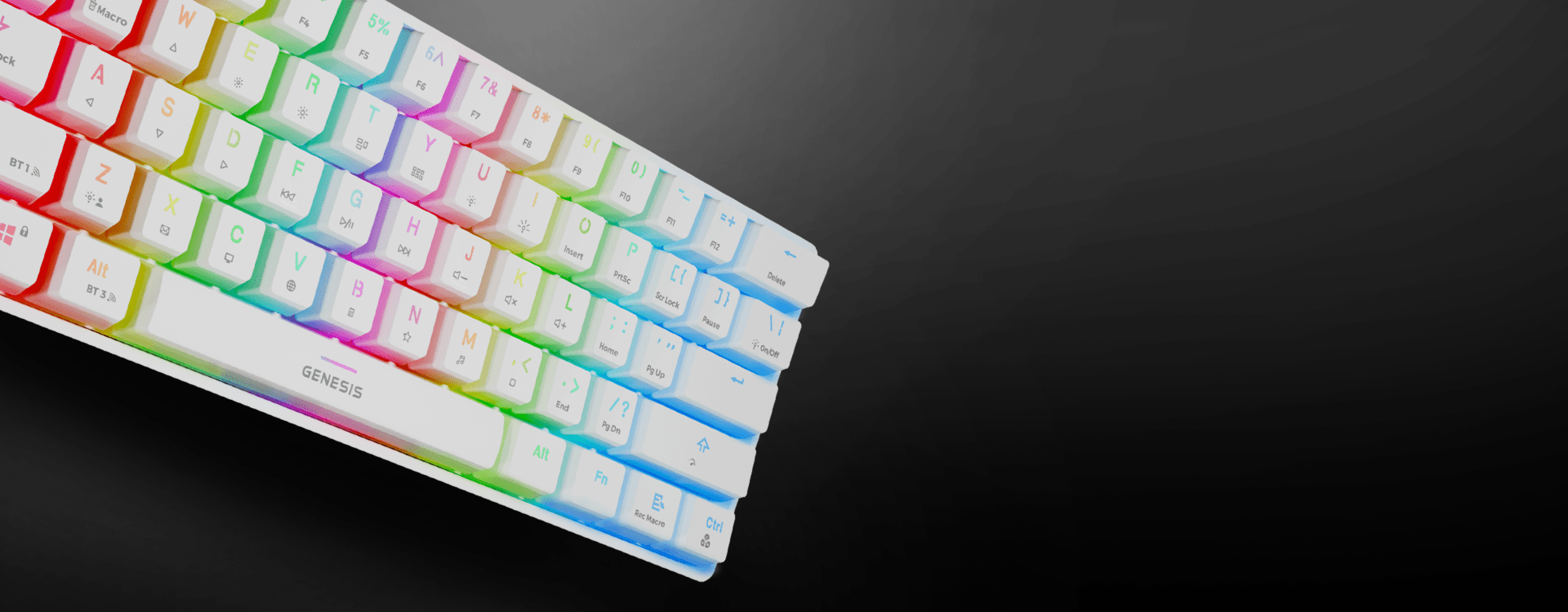 Keyboard with colorful keycaps and a bright light-up effect on a dark background.