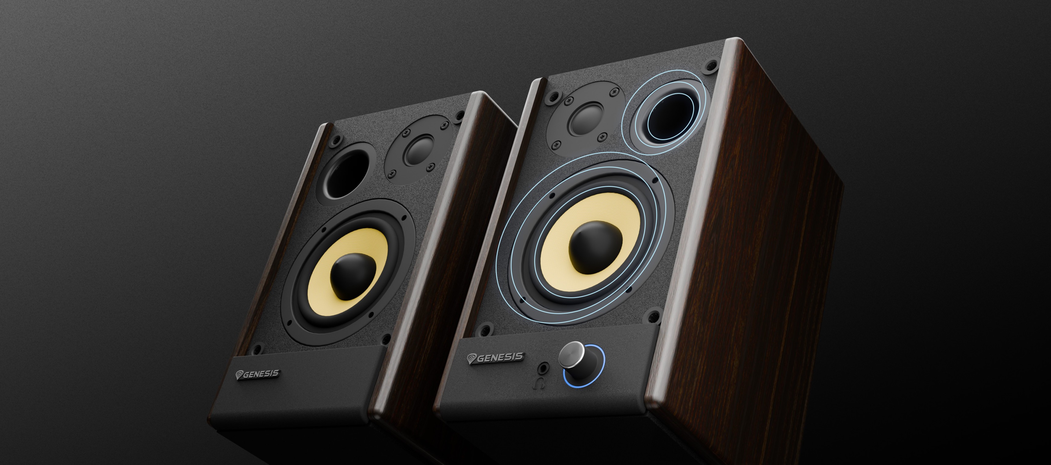 Pair of speakers with wooden casing and yellow speaker cones on a dark background.